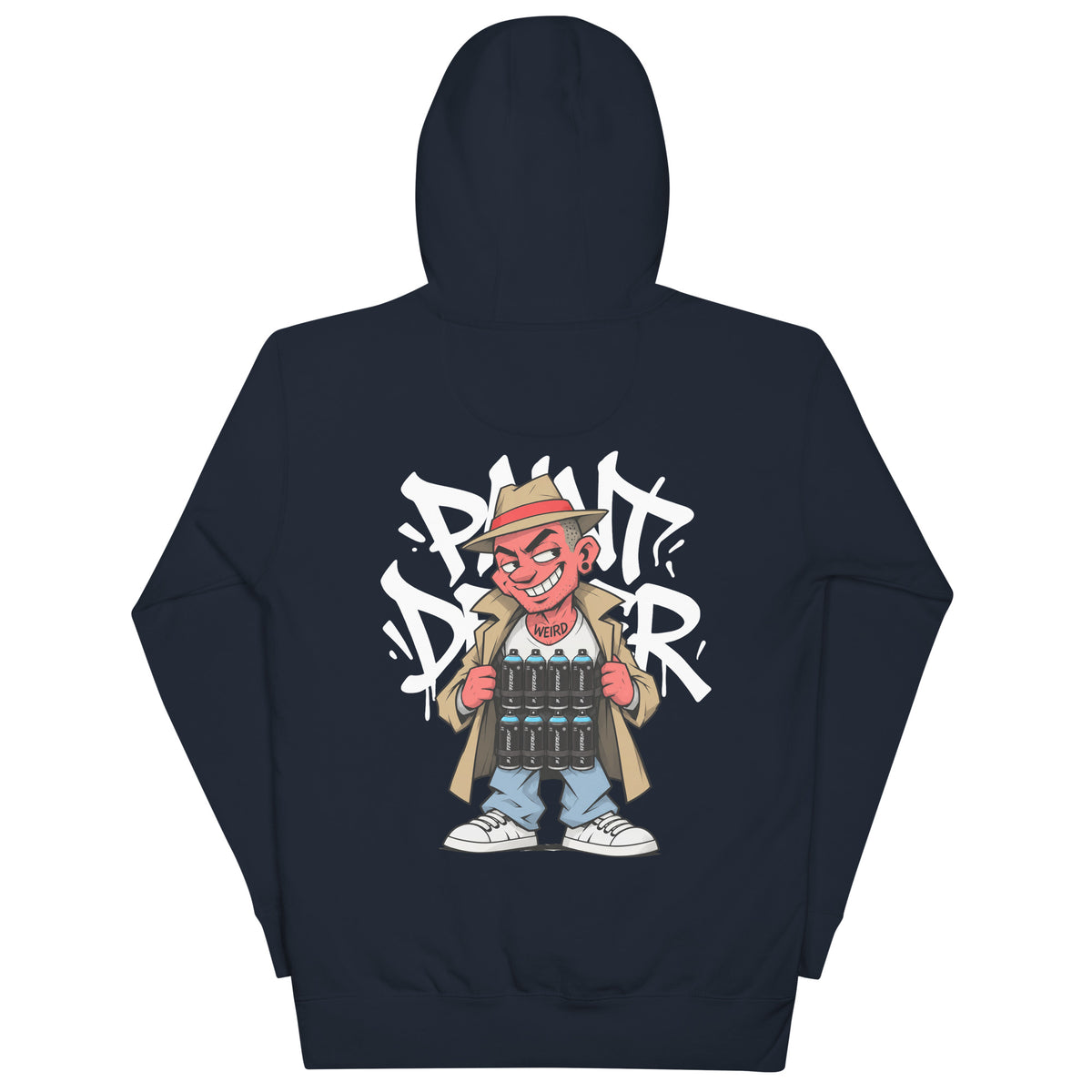 Navy-Paint Dealer Graffiti Character Hoodie from B.Different Clothing, back view, graffiti-inspired streetwear