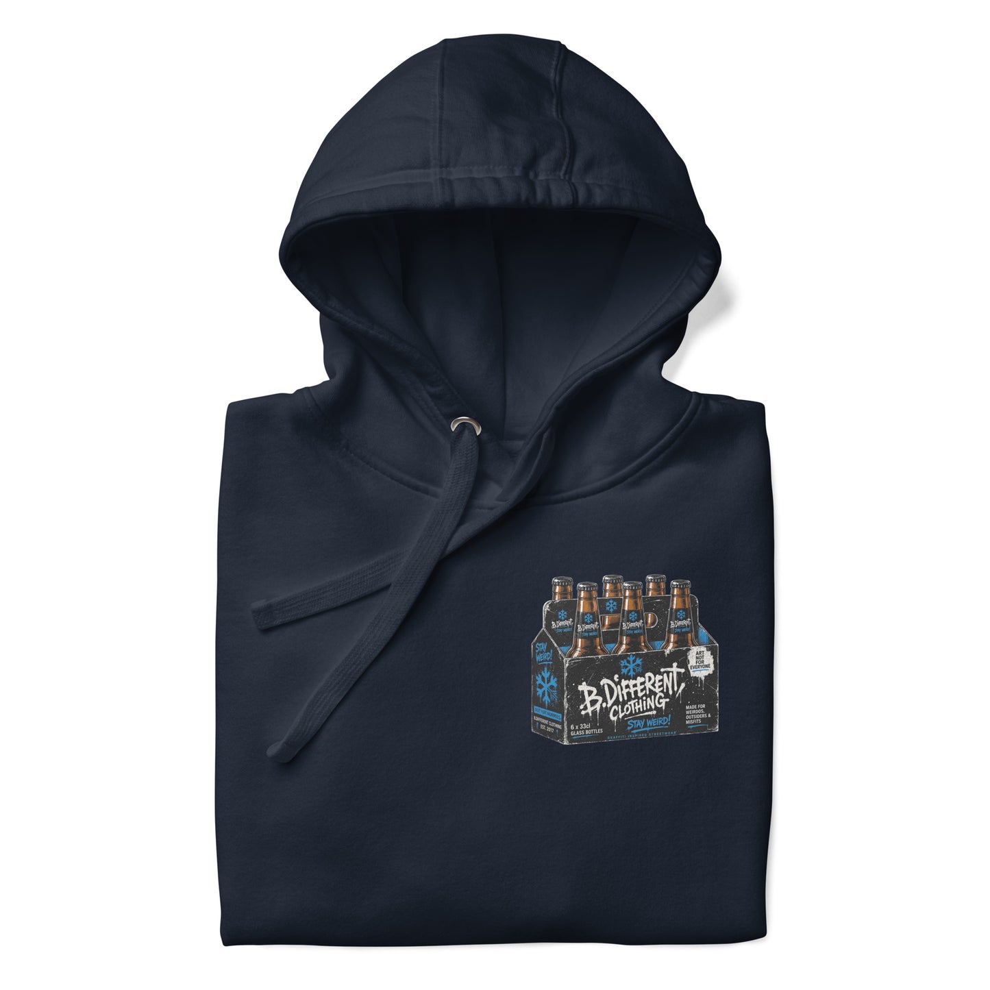 Navy-Six Pack Beer Graffiti Hoodie from B.Different Clothing, folded, graffiti-inspired streetwear