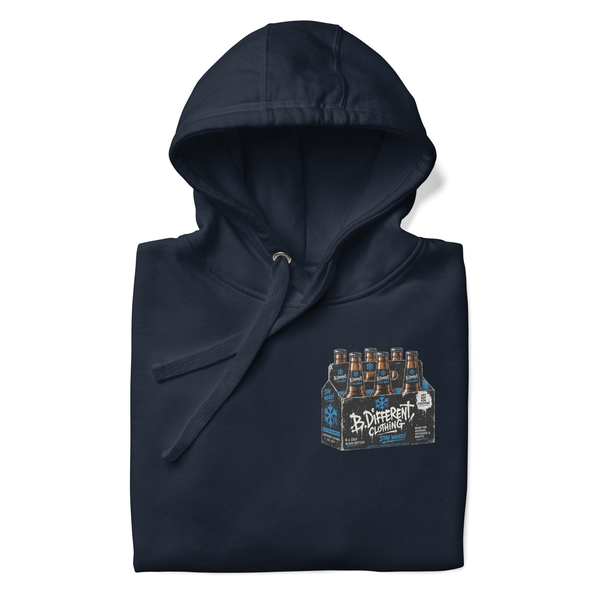 Navy-Six Pack Beer Graffiti Hoodie from B.Different Clothing, folded, graffiti-inspired streetwear