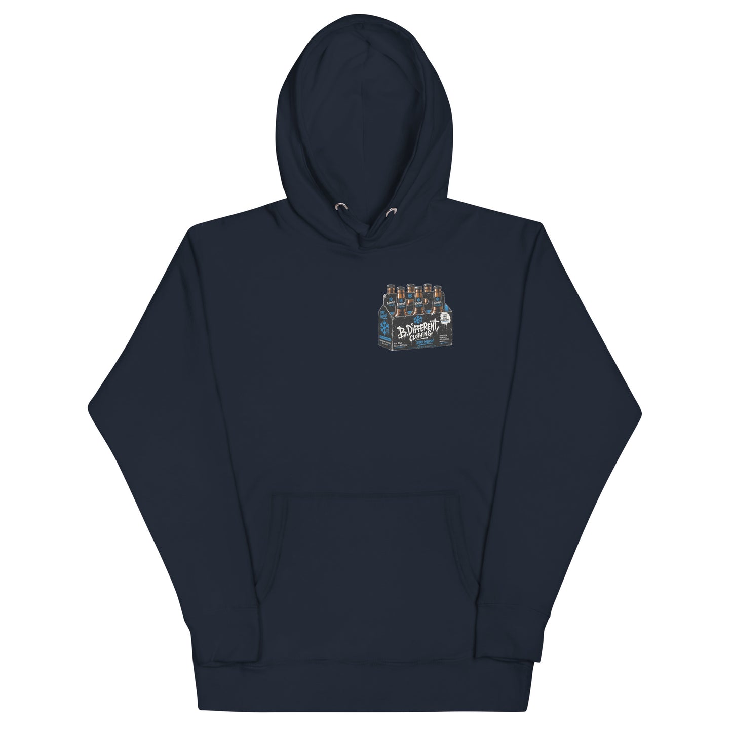 Navy-Six Pack Beer Graffiti Hoodie from B.Different Clothing, front view, graffiti-inspired streetwear