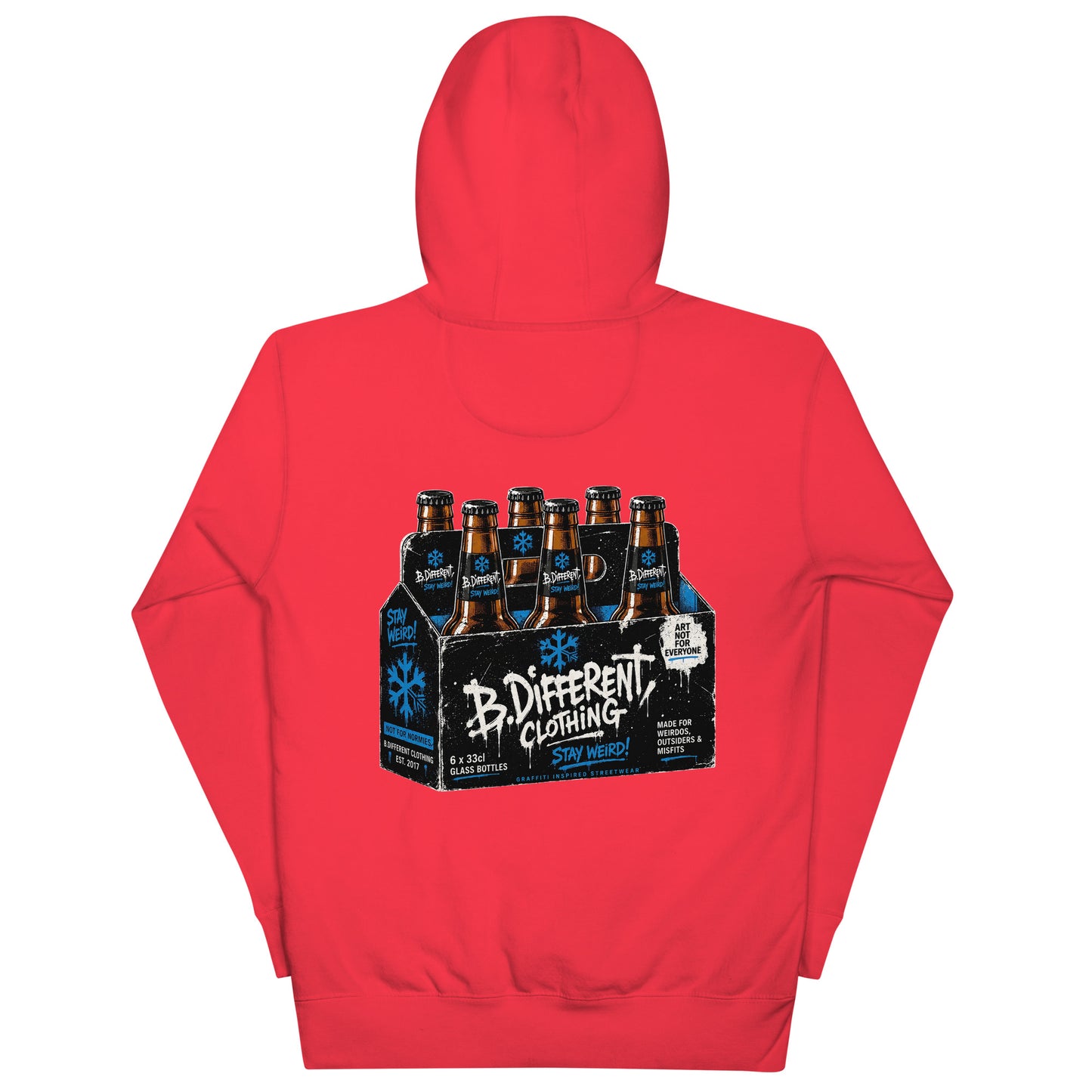 Red-Six Pack Beer Graffiti Hoodie from B.Different Clothing, back view, graffiti-inspired streetwear