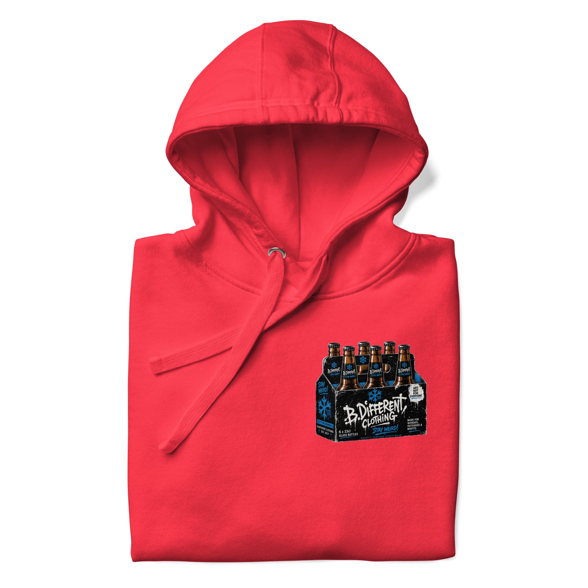 Red-Six Pack Beer Graffiti Hoodie from B.Different Clothing, folded, graffiti-inspired streetwear