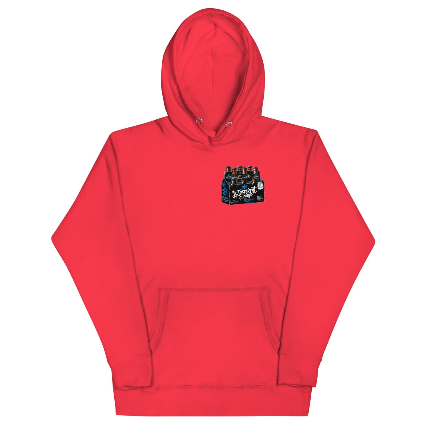 Red-Six Pack Beer Graffiti Hoodie from B.Different Clothing, front view, graffiti-inspired streetwear