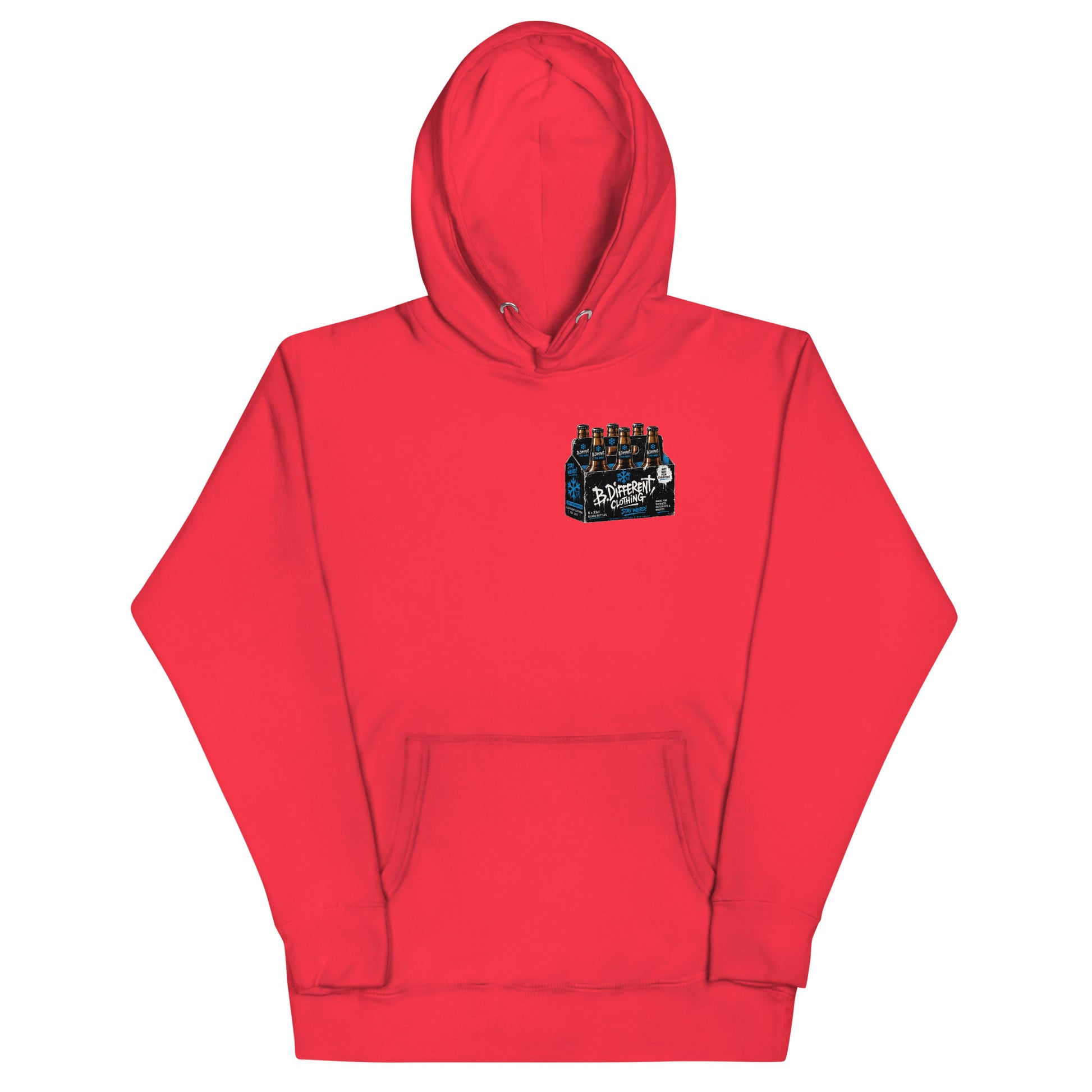 Red-Six Pack Beer Graffiti Hoodie from B.Different Clothing, front view, graffiti-inspired streetwear
