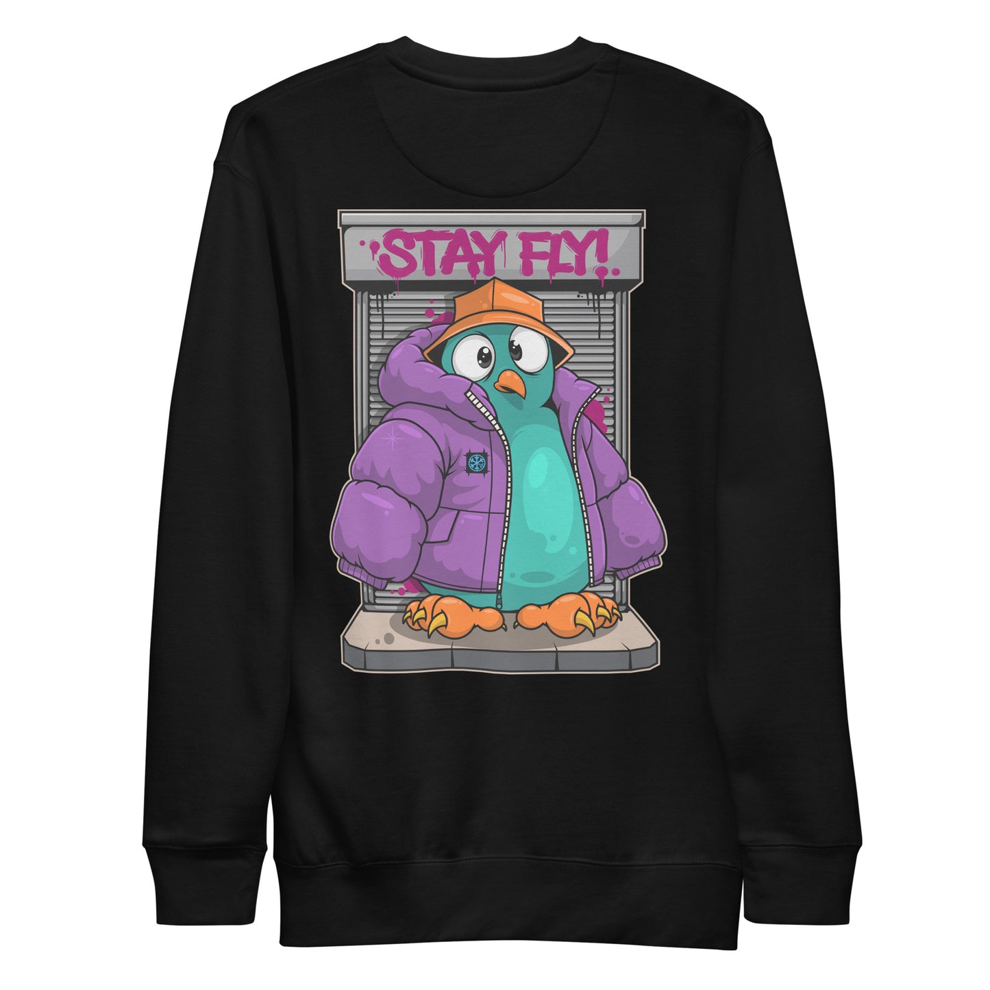 Black-Stay Fly Graffiti Character Sweatshirt from B.Different Clothing, back view, graffiti-inspired streetwear