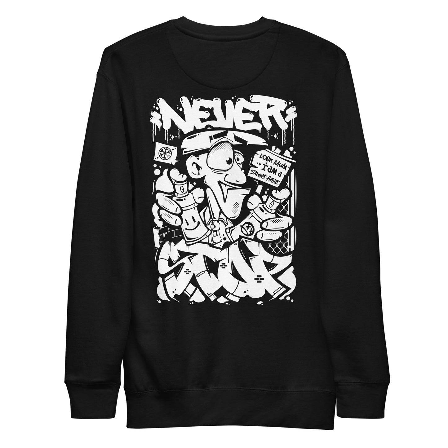 Black-Never Stop Graffiti Character Sweatshirt from B.Different Clothing, back view, graffiti-inspired streetwear