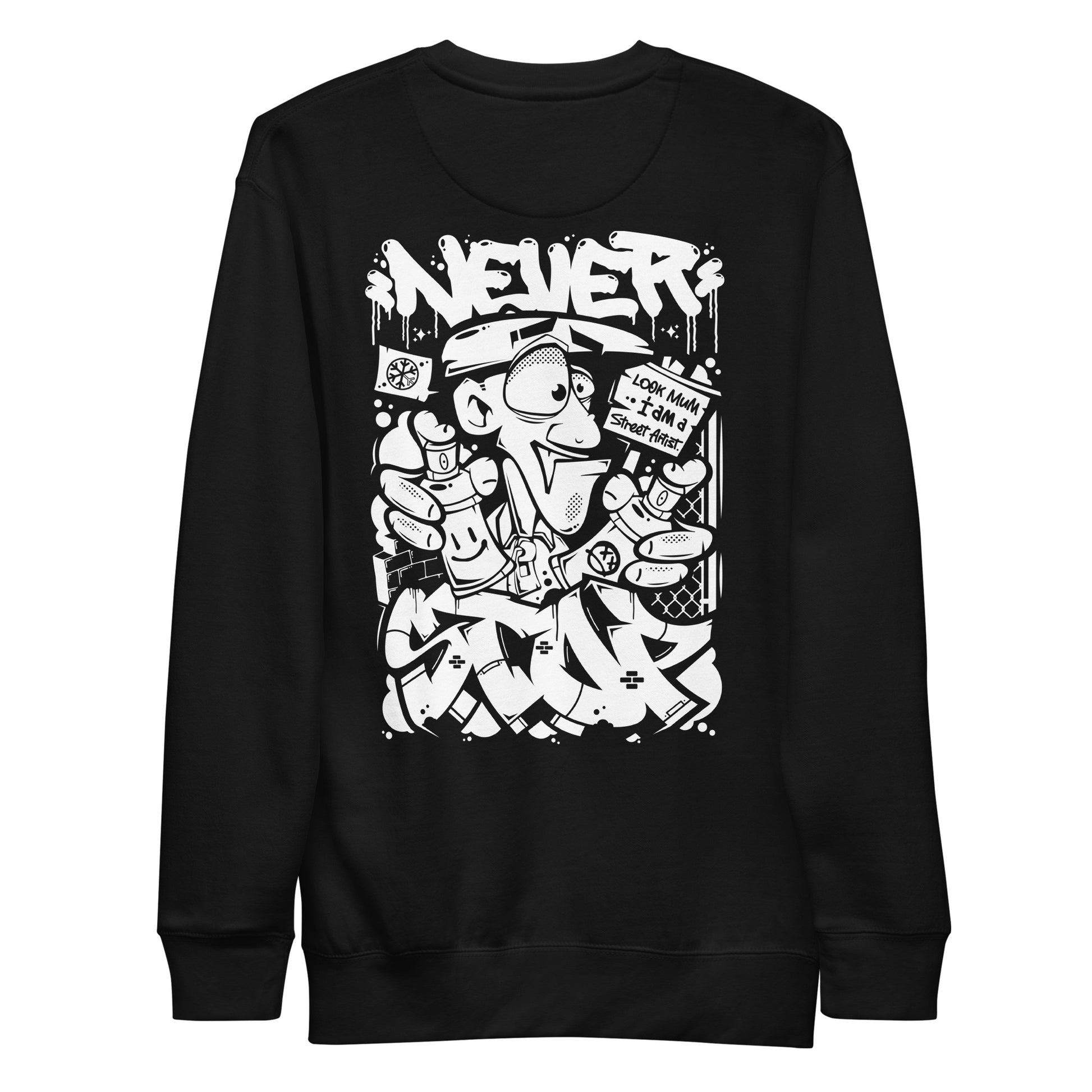 Black-Never Stop Graffiti Character Sweatshirt from B.Different Clothing, back view, graffiti-inspired streetwear