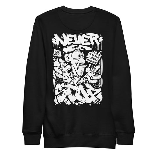 Black-Never Stop Graffiti Character Sweatshirt from B.Different Clothing, back view, graffiti-inspired streetwear