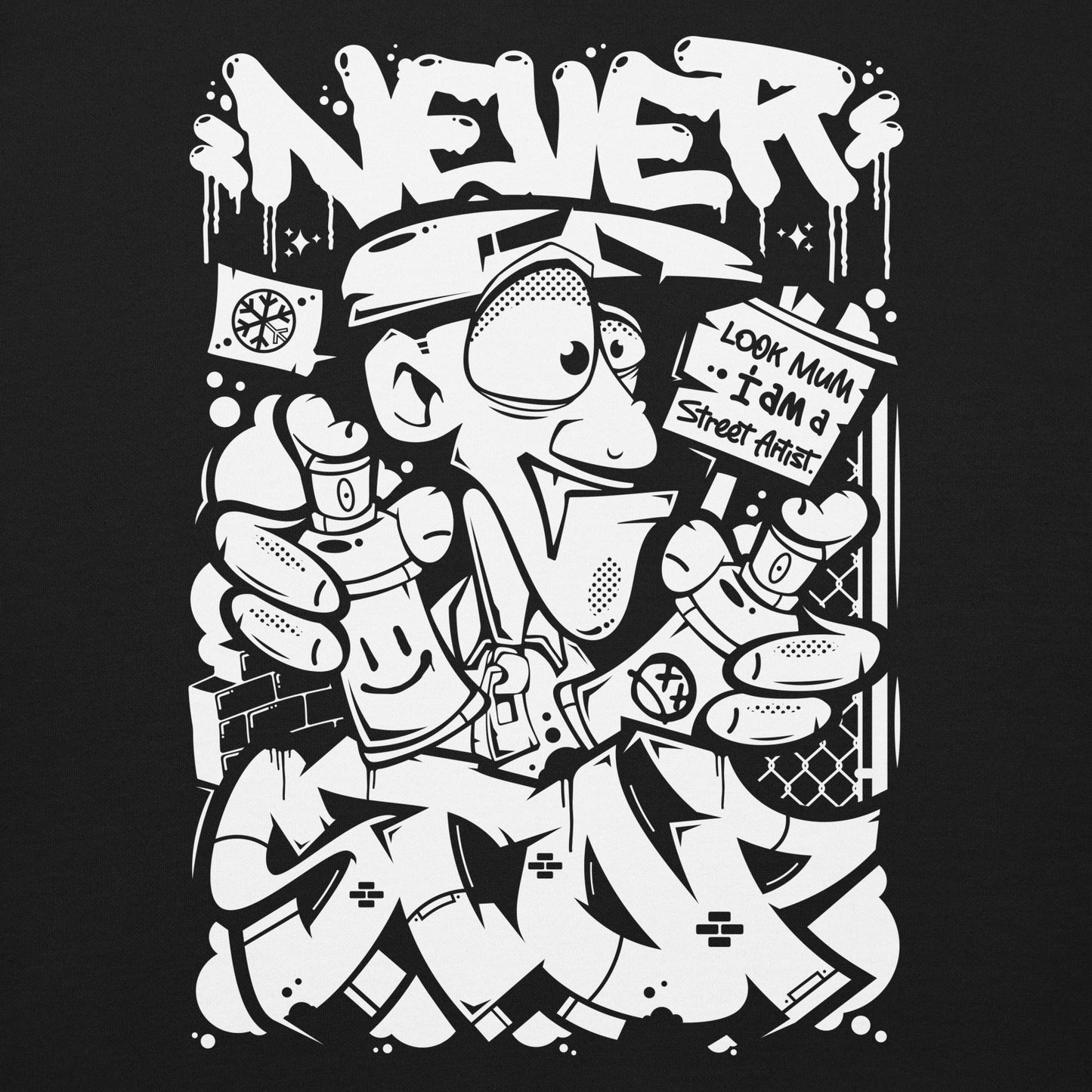 Black-Never Stop Graffiti Character Sweatshirt from B.Different Clothing, graphic, graffiti-inspired streetwear