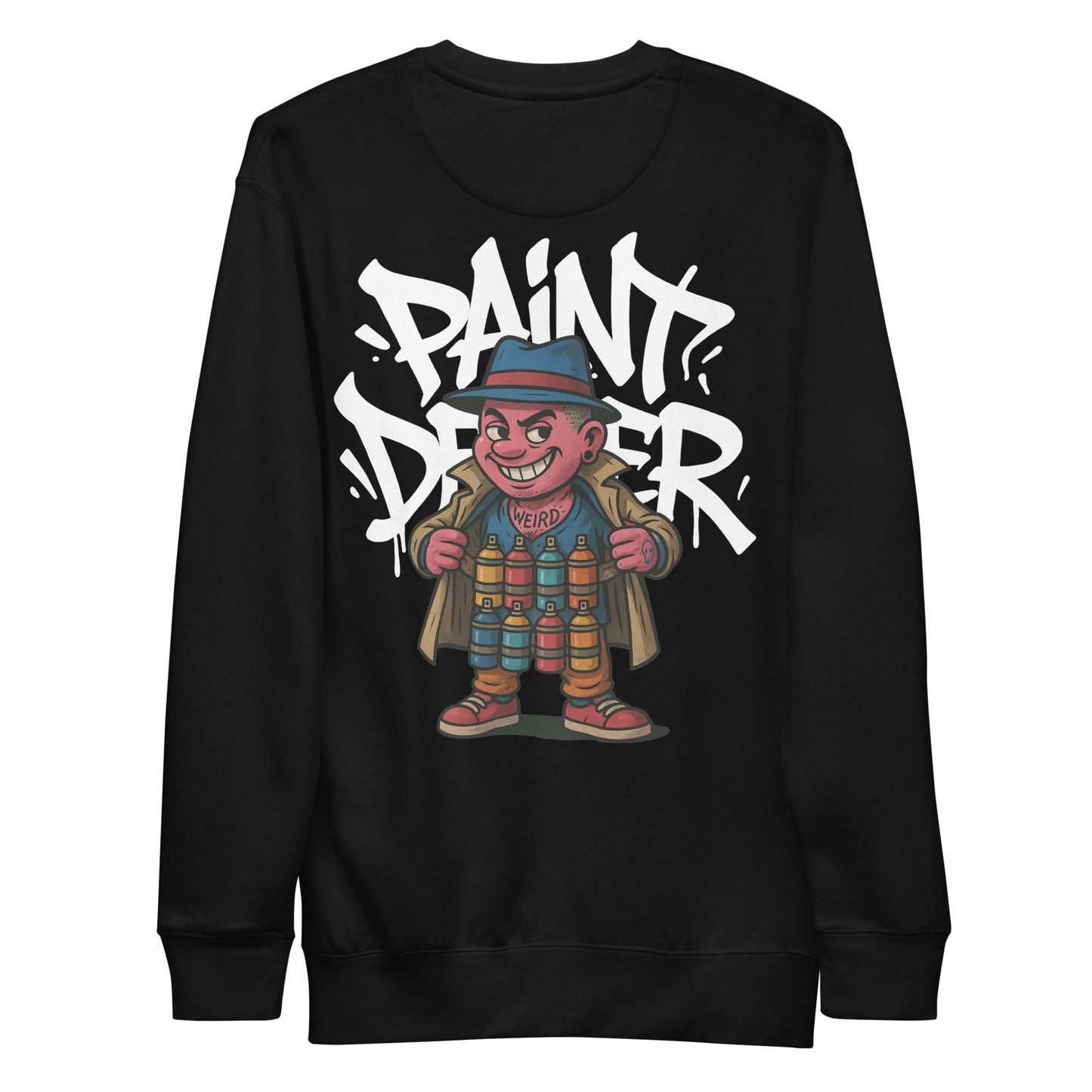 Black-Paint Dealer Graffiti Character Sweatshirt from B.Different Clothing, back view, graffiti-inspired streetwear