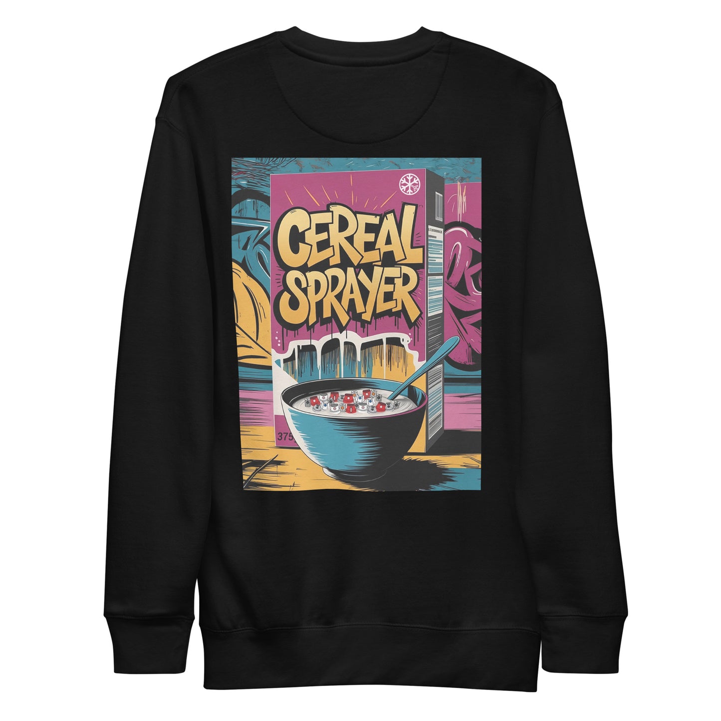Black-Cereal Sprayer Graffiti Sweatshirt from B.Different Clothing, back view, graffiti-inspired streetwear