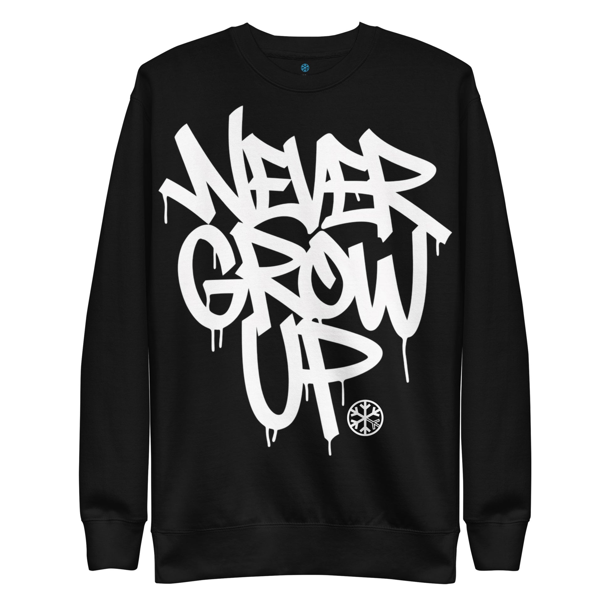 Black-Never Grow Up Graffiti Sweatshirt from B.Different Clothing, front view, graffiti-inspired streetwear