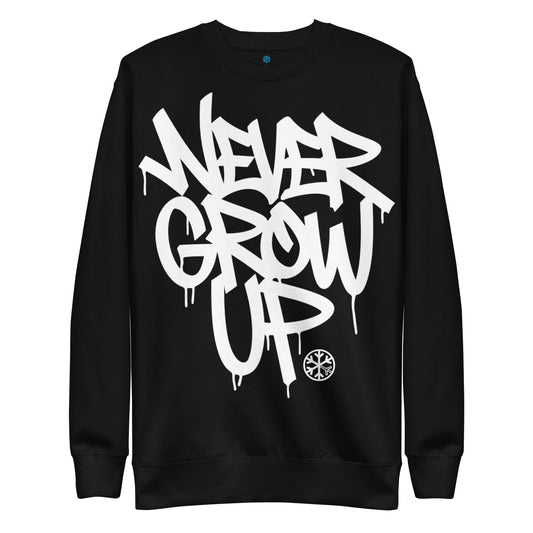 Black-Never Grow Up Graffiti Sweatshirt from B.Different Clothing, front view, graffiti-inspired streetwear