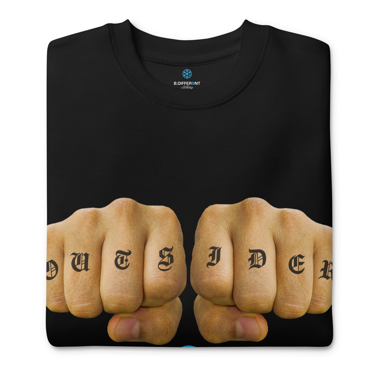 Black-Outsider Tattoo Sweatshirt from B.Different Clothing, folded, graffiti-inspired streetwear