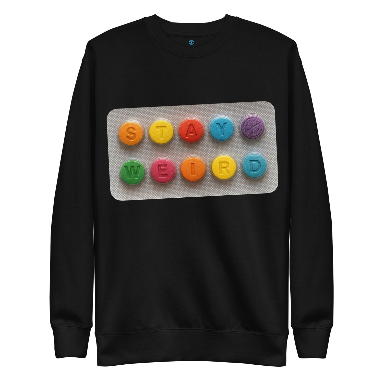 Black-Stay Weird Pills Sweatshirt from B.Different Clothing, front view, graffiti-inspired streetwear