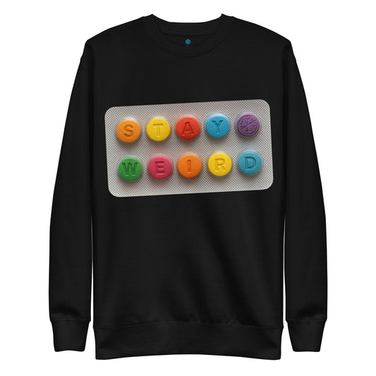 Black-Stay Weird Pills Sweatshirt from B.Different Clothing, front view, graffiti-inspired streetwear