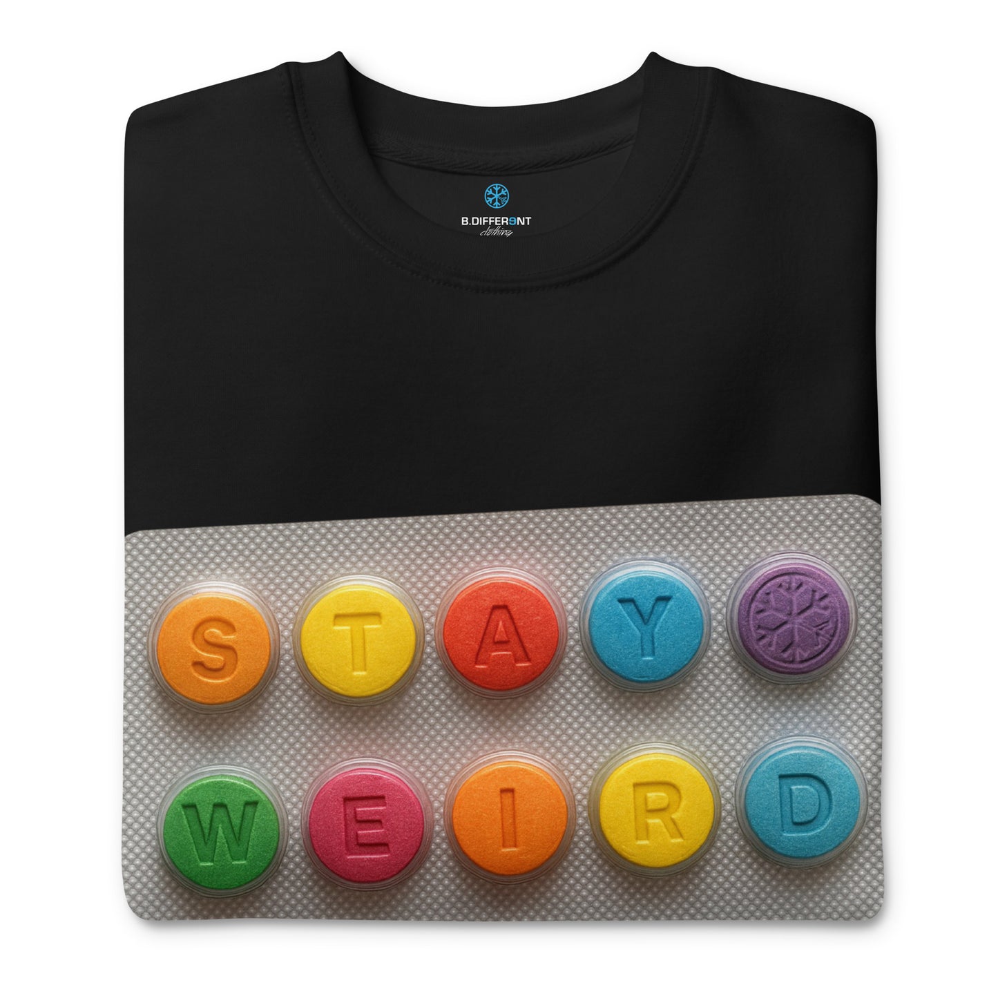 Black-Stay Weird Pills Sweatshirt from B.Different Clothing, folded, graffiti-inspired streetwear