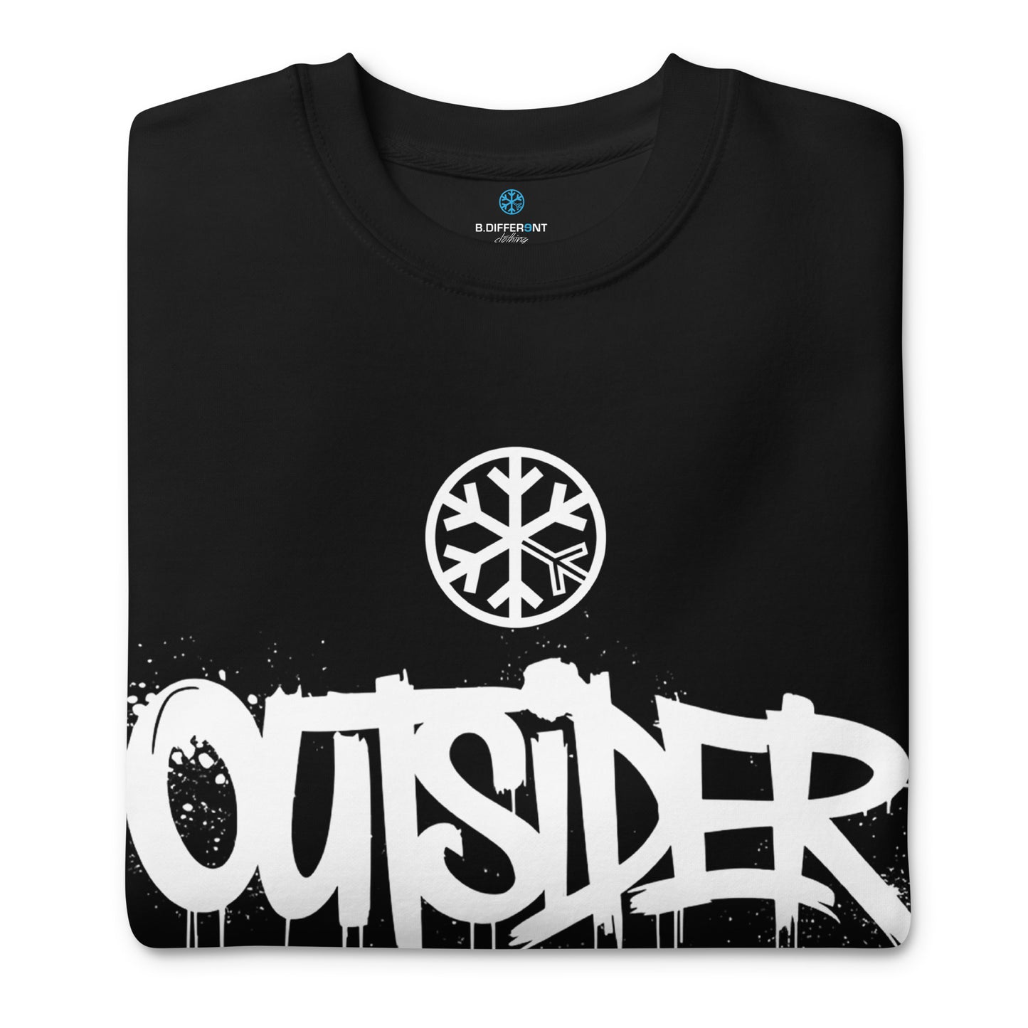 Black-Outsider Graffiti Tag Sweatshirt from B.Different Clothing, folded, graffiti-inspired streetwear