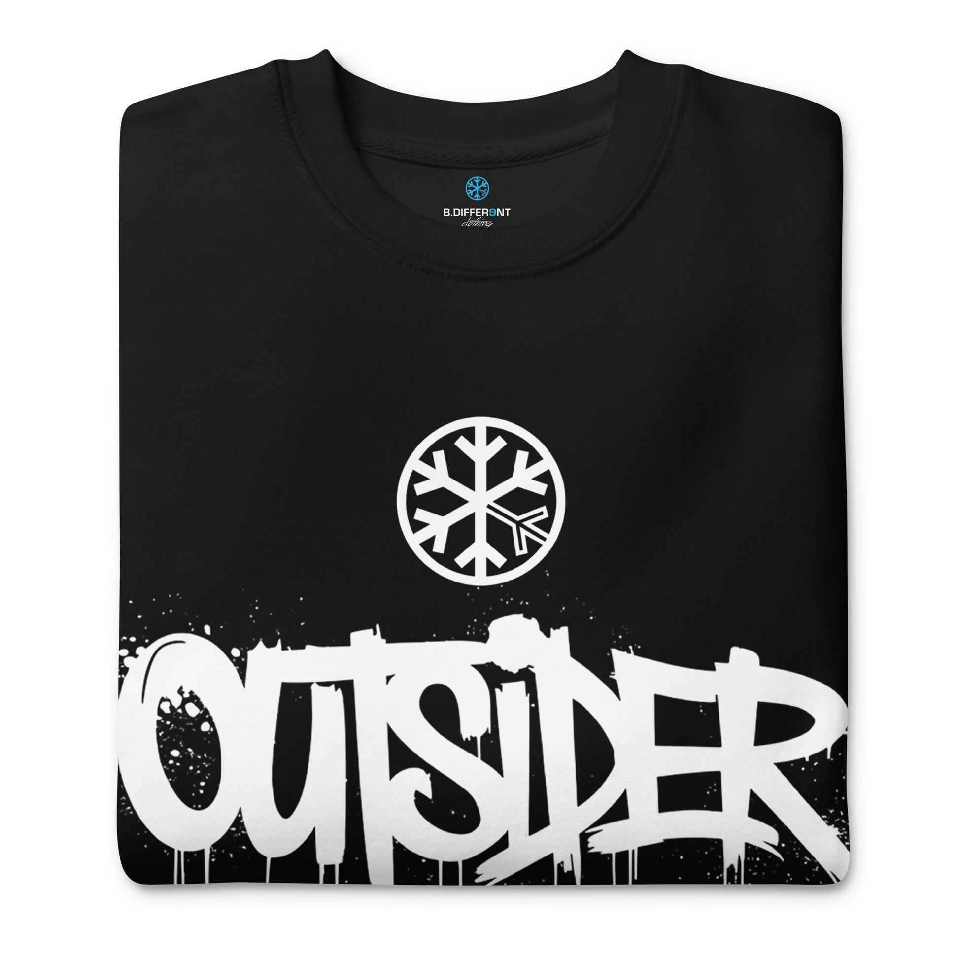 Black-Outsider Graffiti Tag Sweatshirt from B.Different Clothing, folded, graffiti-inspired streetwear