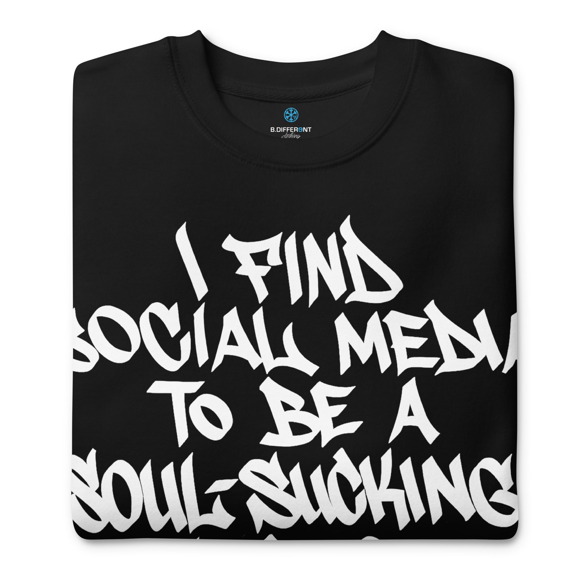 Black-Social Media Graffiti Tag Sweatshirt from B.Different Clothing, folded, graffiti-inspired streetwear