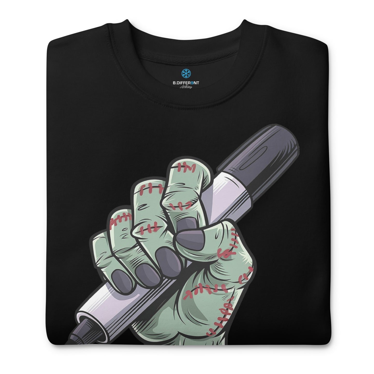 Black-Thing Graffiti Sweatshirt from B.Different Clothing, folded, graffiti-inspired streetwear