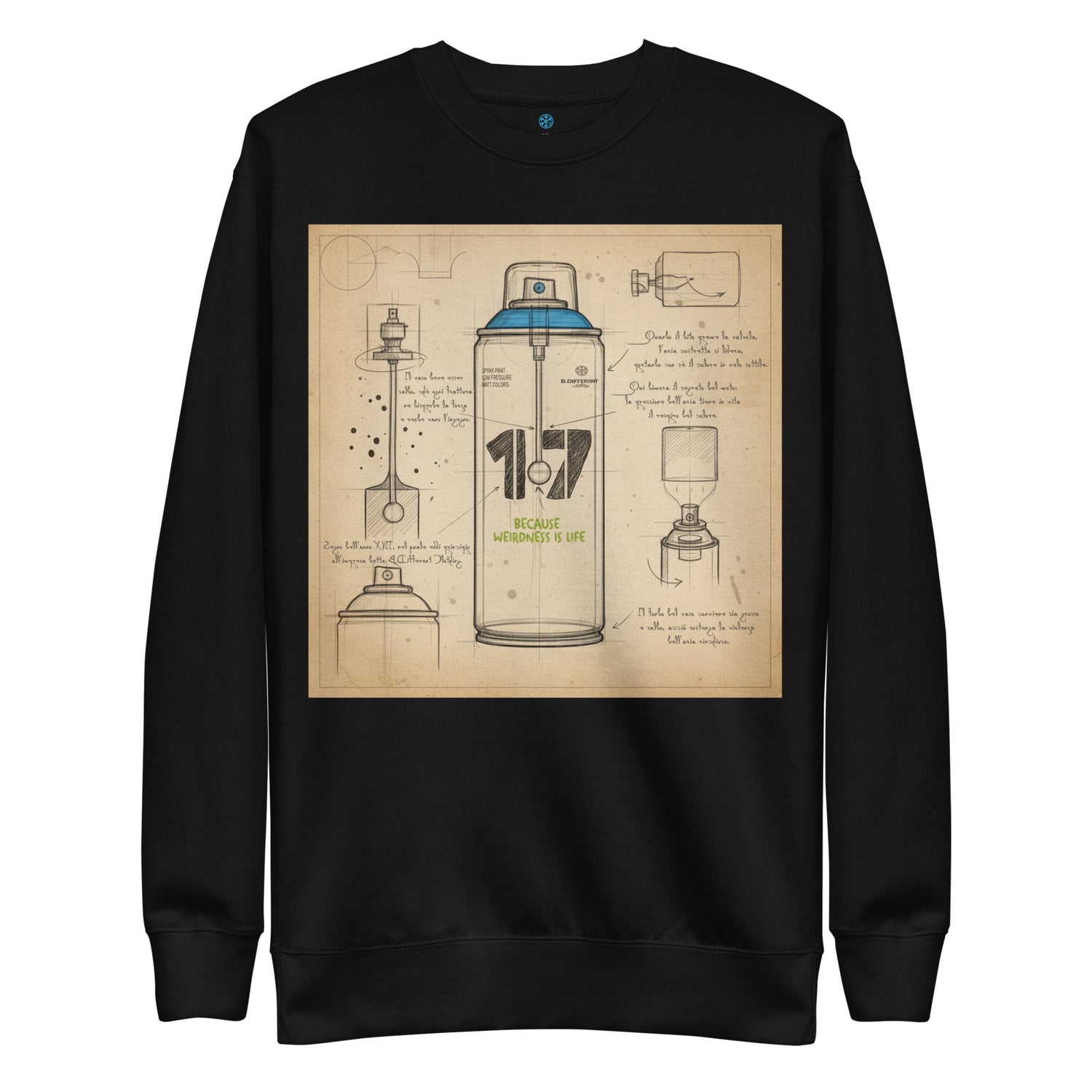 Black-Spray Can Sketch Graffiti Sweatshirt from B.Different Clothing, front view, graffiti-inspired streetwear