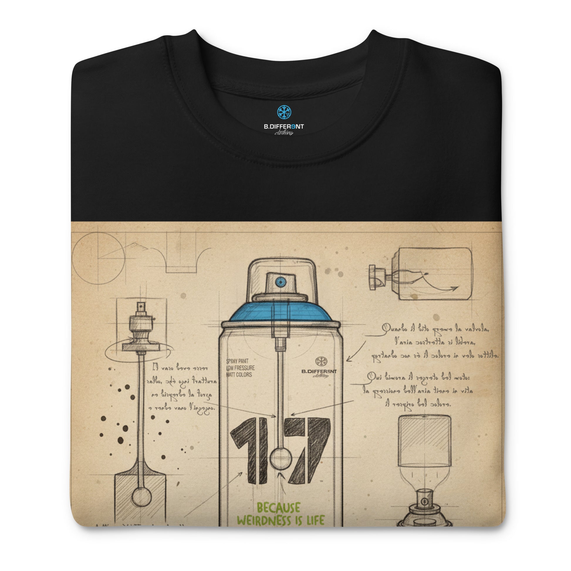 Black-Spray Can Sketch Graffiti Sweatshirt from B.Different Clothing, folded, graffiti-inspired streetwear