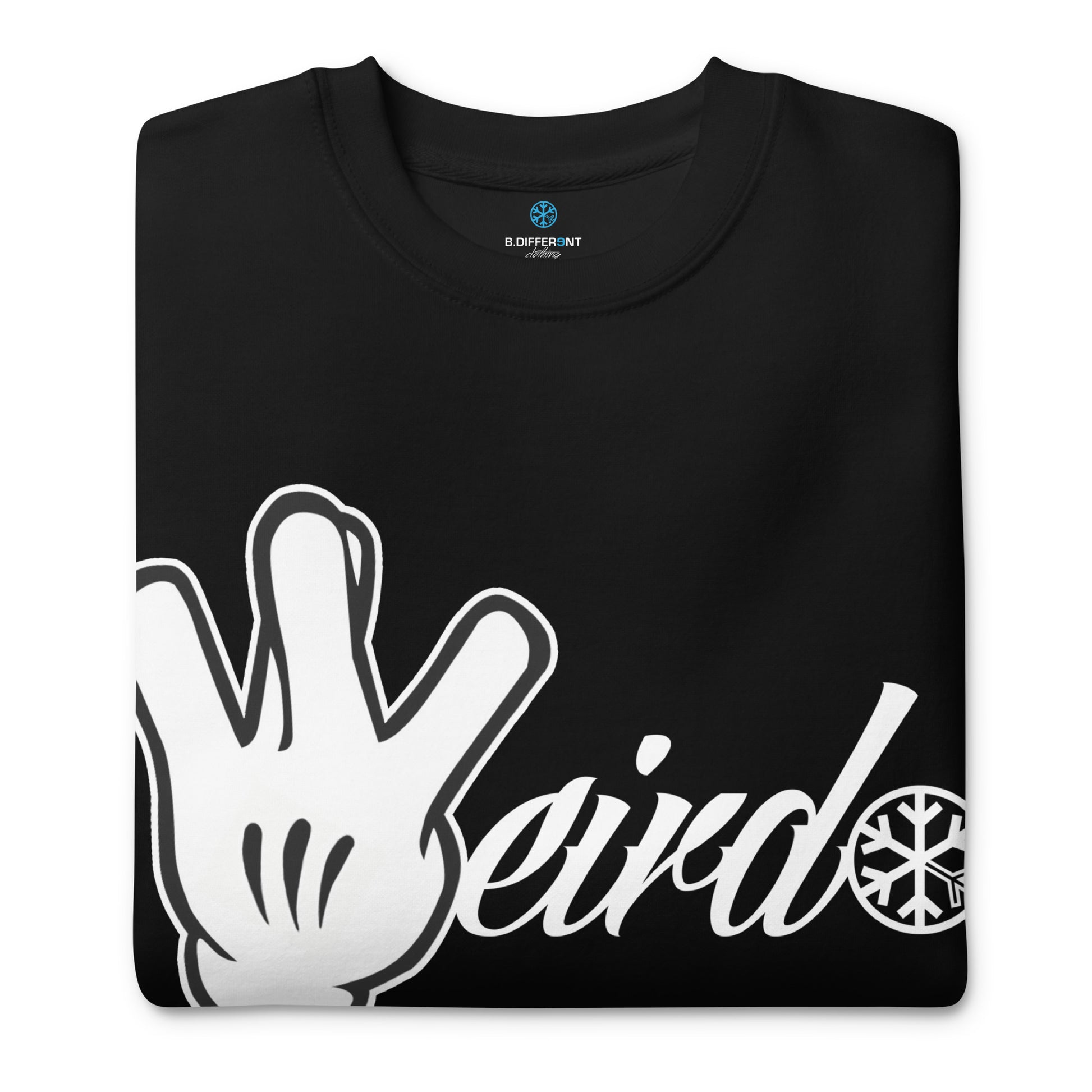 Black-Weirdo Hand Sign Sweatshirt from B.Different Clothing, folded, graffiti-inspired streetwear