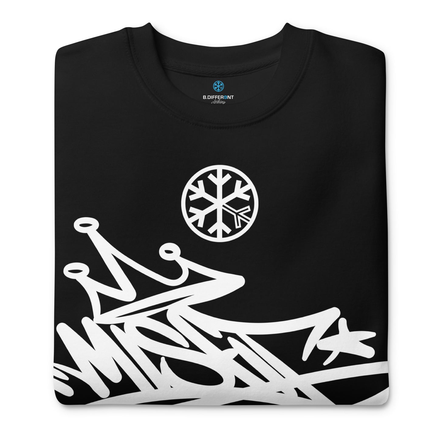 Black-Misfit Graffiti Tag Sweatshirt from B.Different Clothing, folded, graffiti-inspired streetwear