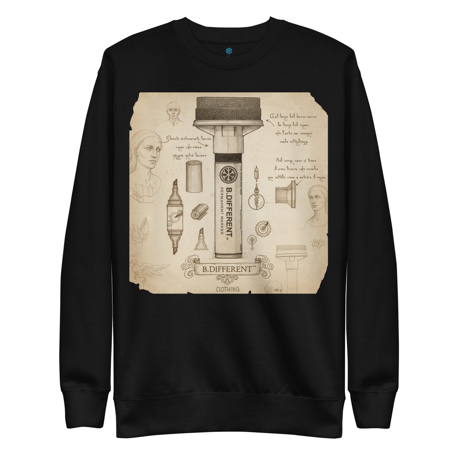 Black-Marker Sketch Graffiti Sweatshirt from B.Different Clothing, front view, graffiti-inspired streetwear