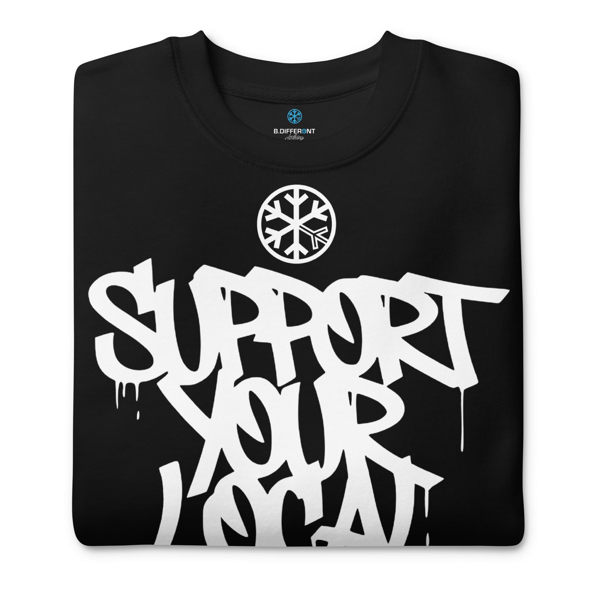 Black-Support Your Local Graffiti Artists Sweatshirt from B.Different Clothing, folded, graffiti-inspired streetwear