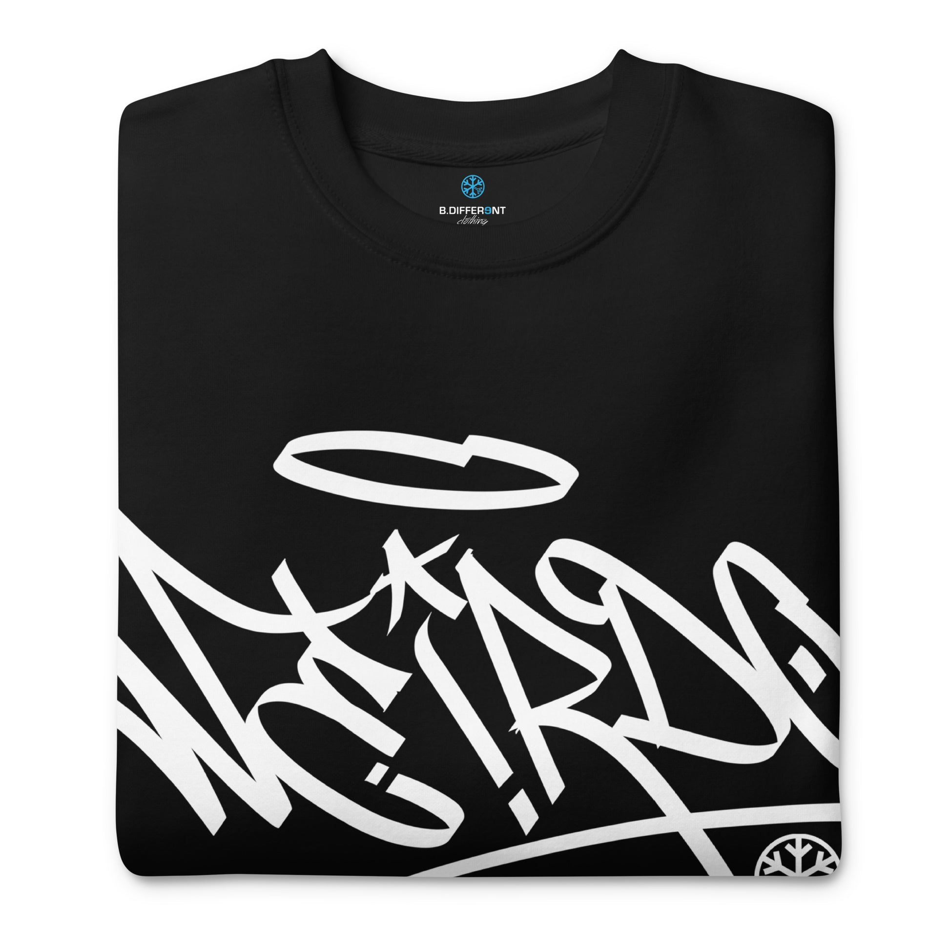 Black-Weirdo Tag Graffiti Sweatshirt from B.Different Clothing, folded, graffiti-inspired streetwear