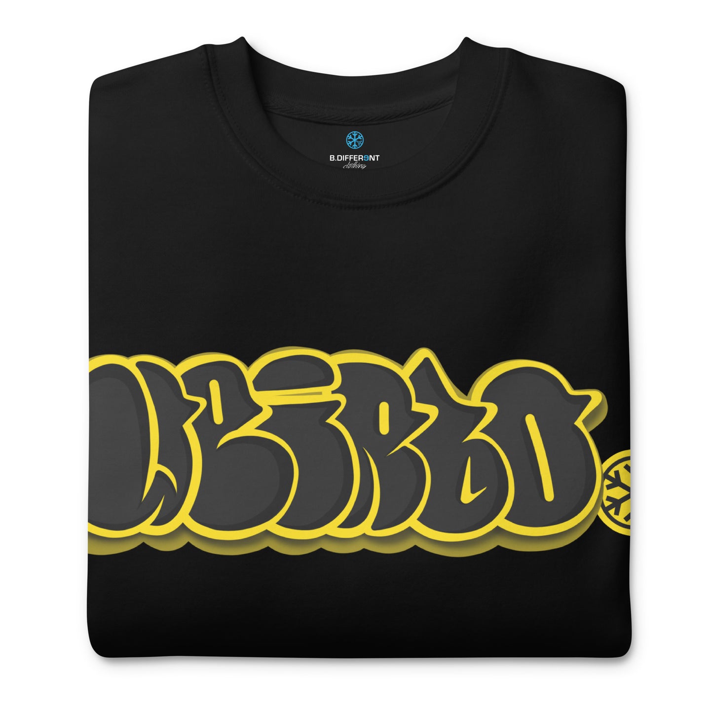 Black-Weirdo Graffiti Throwie Sweatshirt from B.Different Clothing, folded, graffiti-inspired streetwear