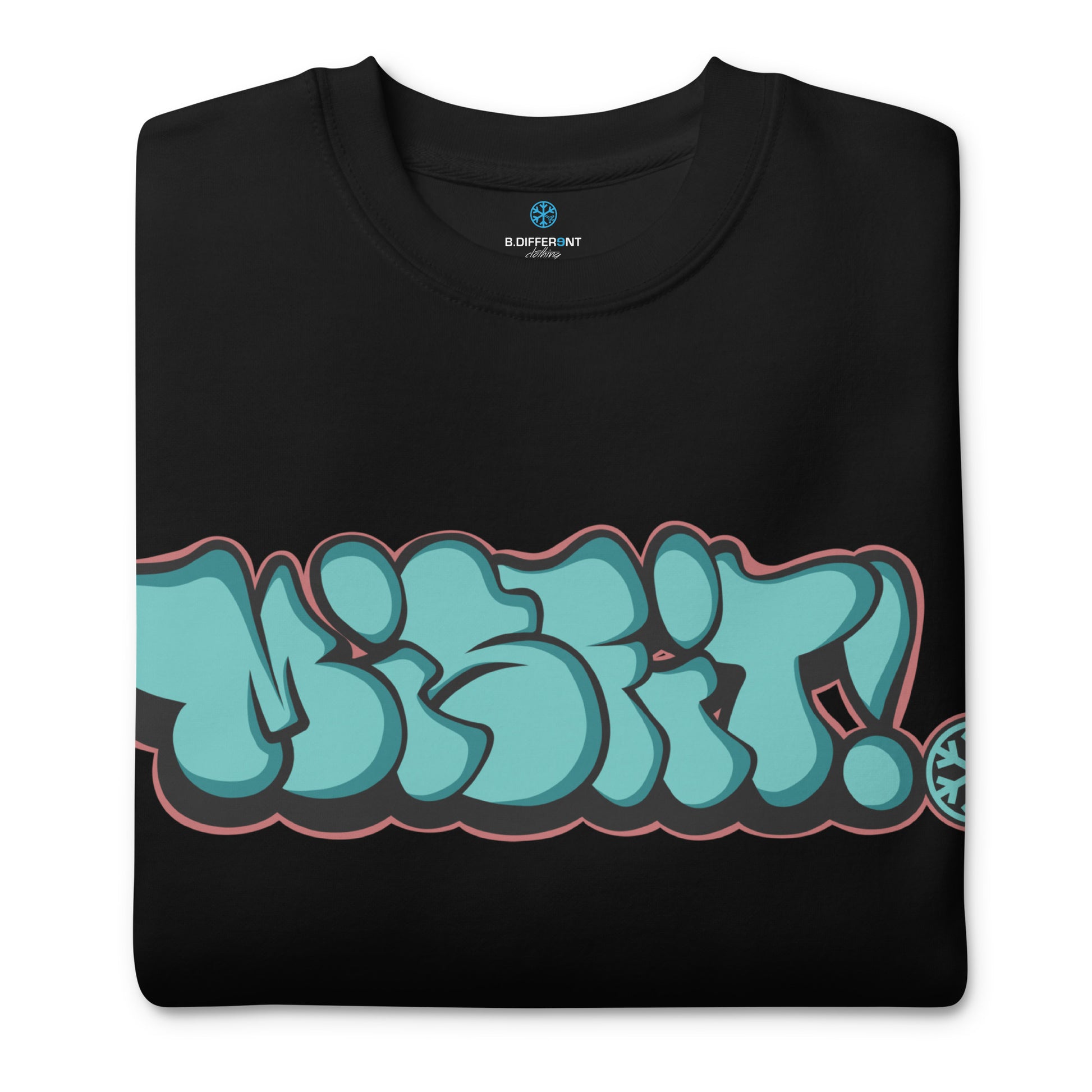 Black-Misfit Graffiti Throwie Sweatshirt from B.Different Clothing, folded, graffiti-inspired streetwear t-shirt