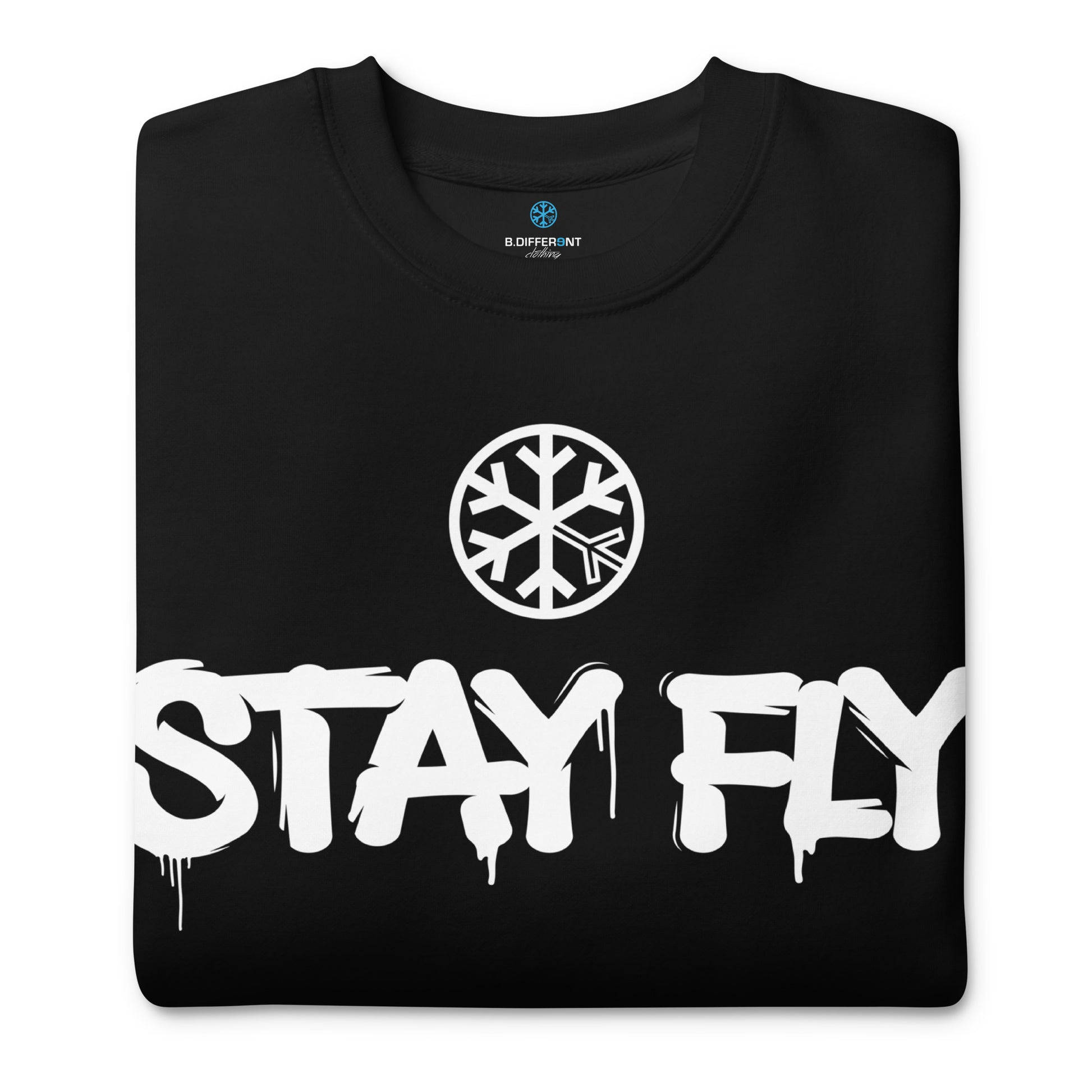 Black-Stay Fly Graffiti Tag Sweatshirt from B.Different Clothing, folded, graffiti-inspired streetwear