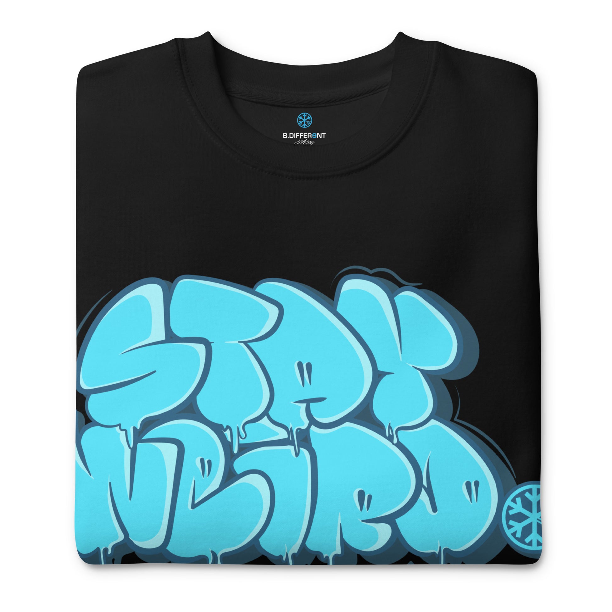 Black-Stay Weird Graffiti Throw-up Sweatshirt from B.Different Clothing, folded, graffiti-inspired streetwear