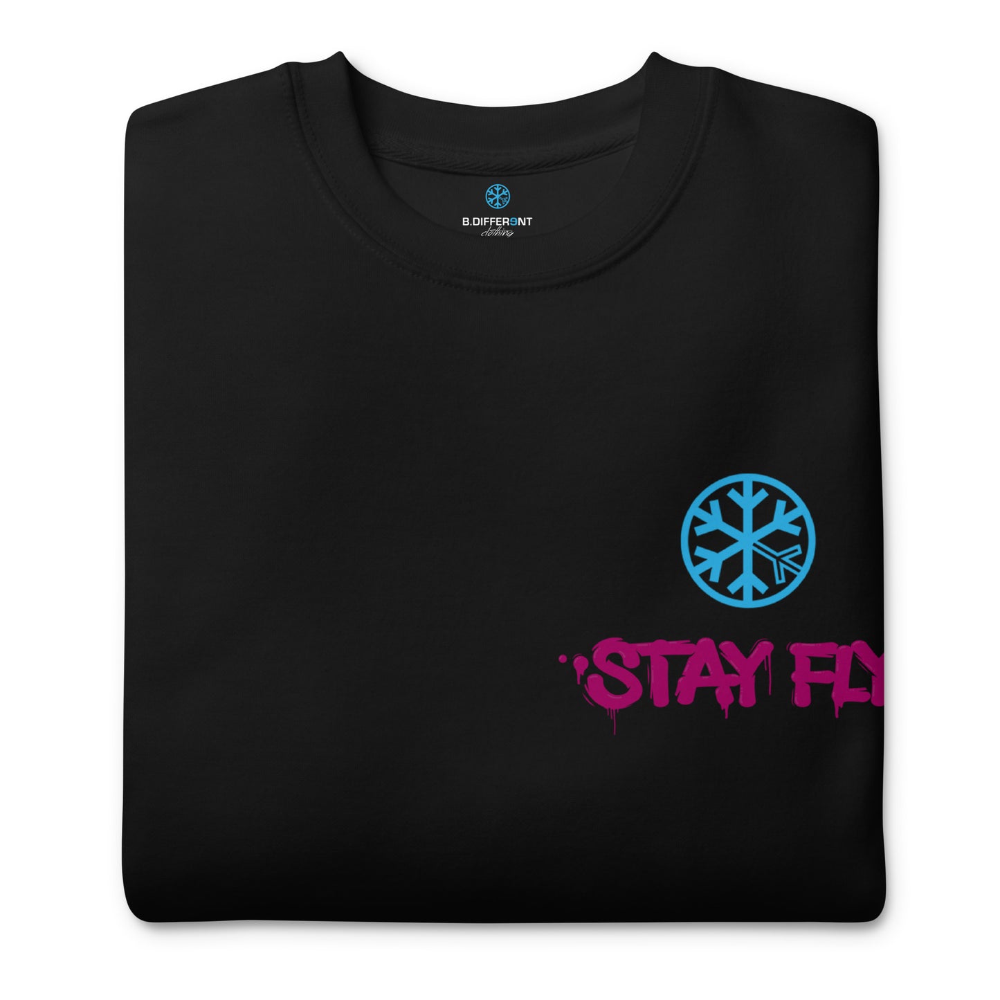 Black-Stay Fly Graffiti Character Sweatshirt from B.Different Clothing, folded, graffiti-inspired streetwear