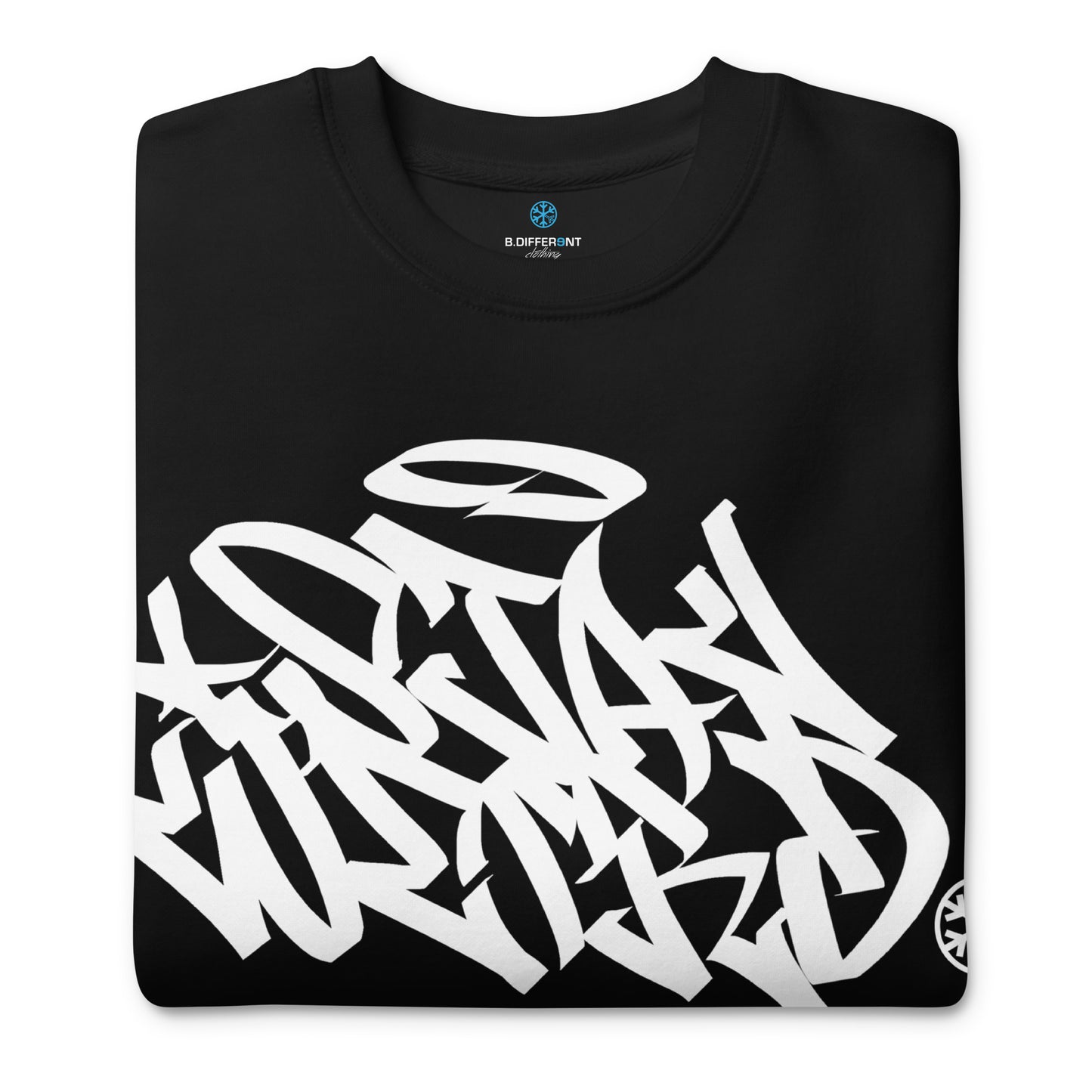 Black-Stay Weird Graffiti Tag Sweatshirt from B.Different Clothing, folded, graffiti-inspired streetwear