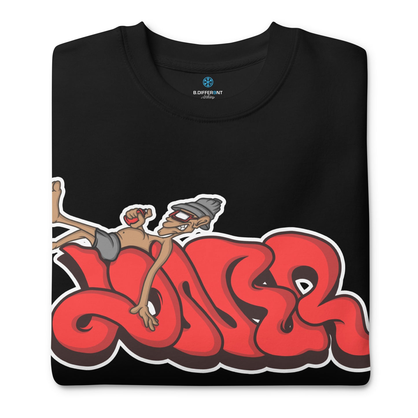 Black-Loner Graffiti Piece Sweatshirt from B.Different Clothing, folded, graffiti-inspired streetwear