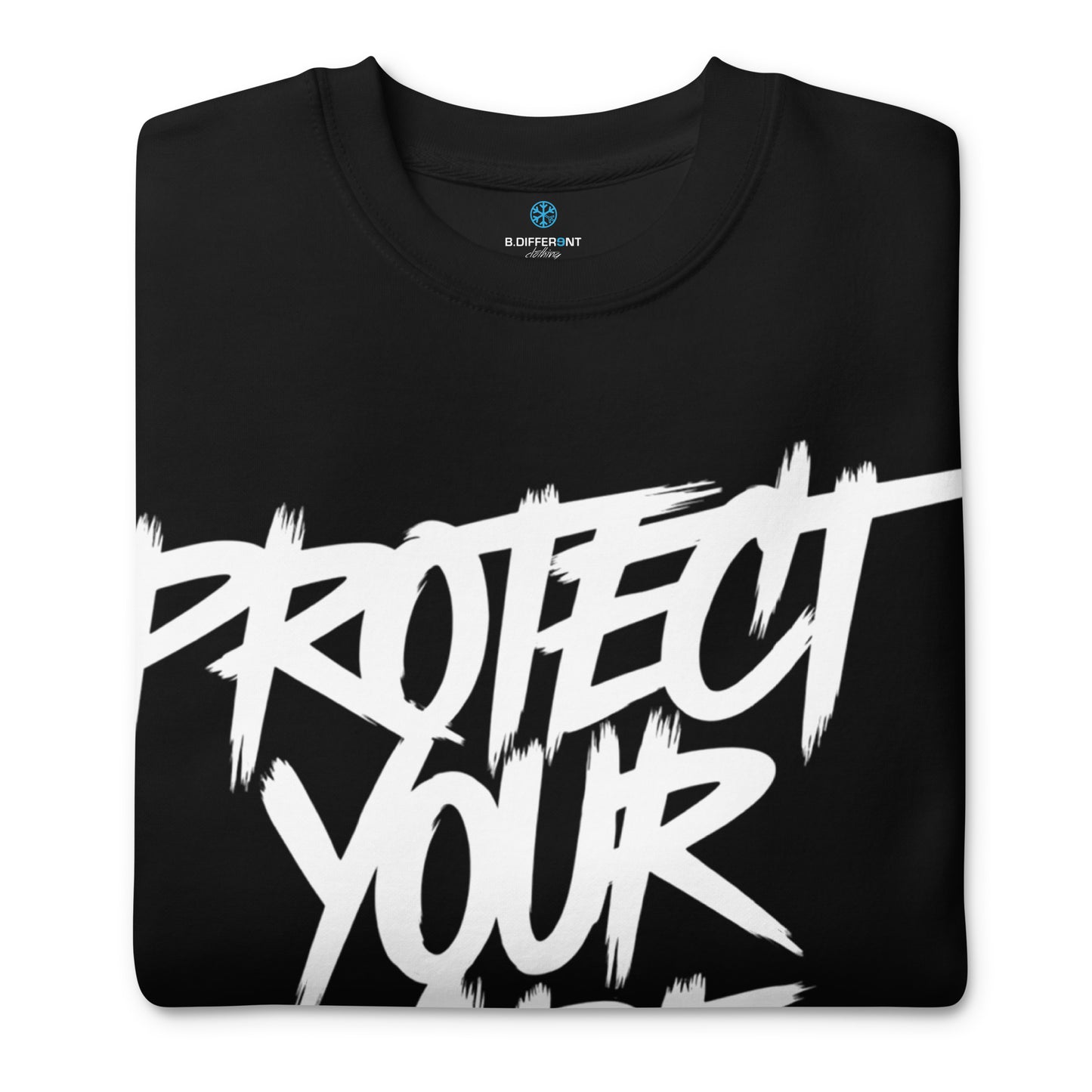 Black-Protect Your Vibe Graffiti Tag Sweatshirt from B.Different Clothing, folded, graffiti-inspired streetwear