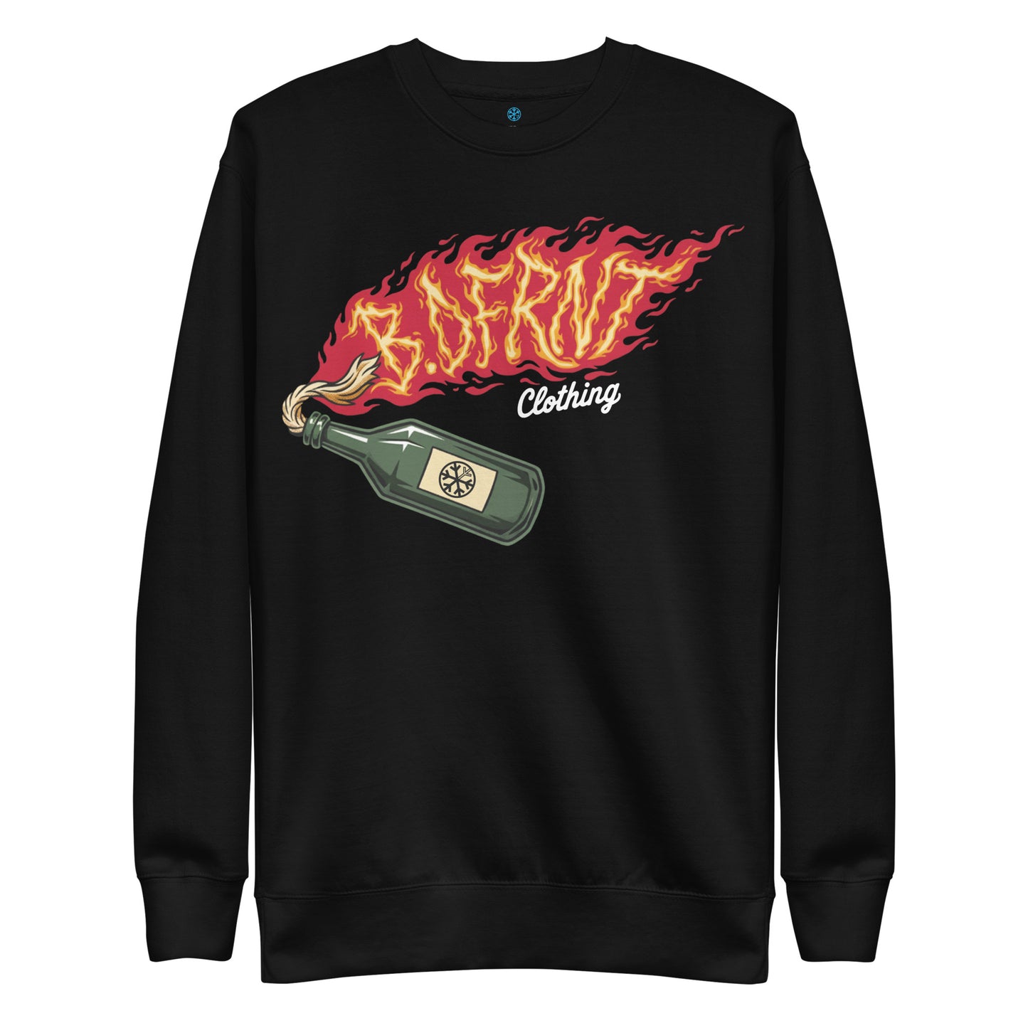 Black-Molotov Graffiti Sweatshirt from B.Different Clothing, front view, graffiti-inspired streetwear
