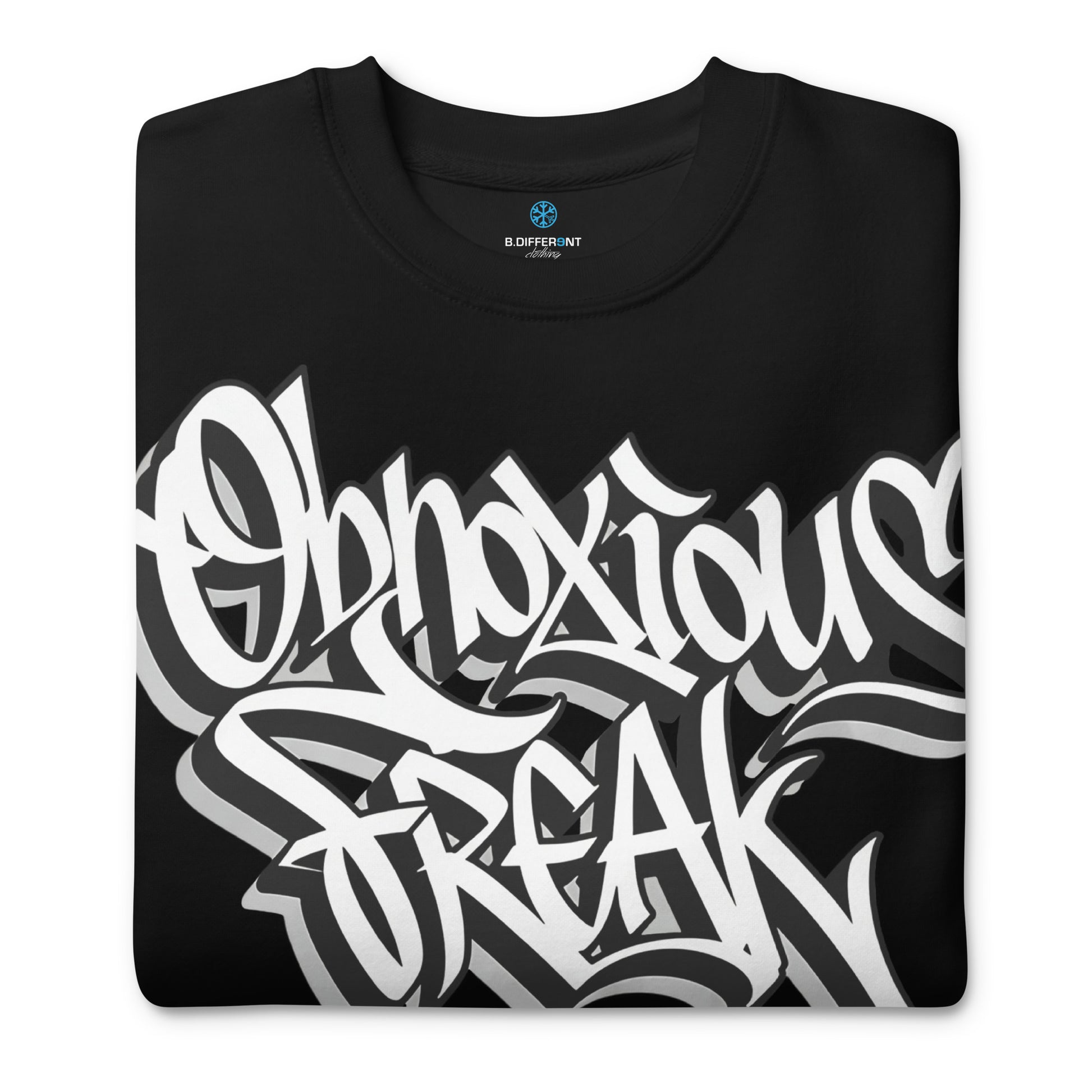 Black-Obnoxious Freak Graffiti Sweatshirt from B.Different Clothing, folded, graffiti-inspired streetwear
