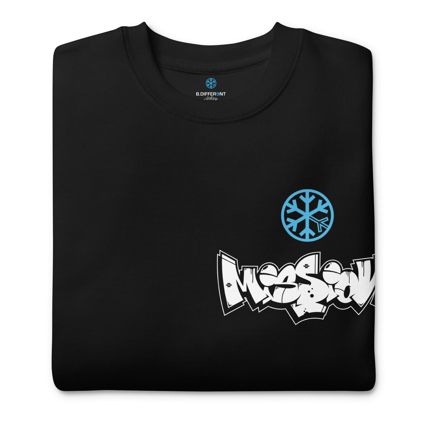 Black-Mission Graffiti Character Sweatshirt from B.Different Clothing, folded, graffiti-inspired streetwear