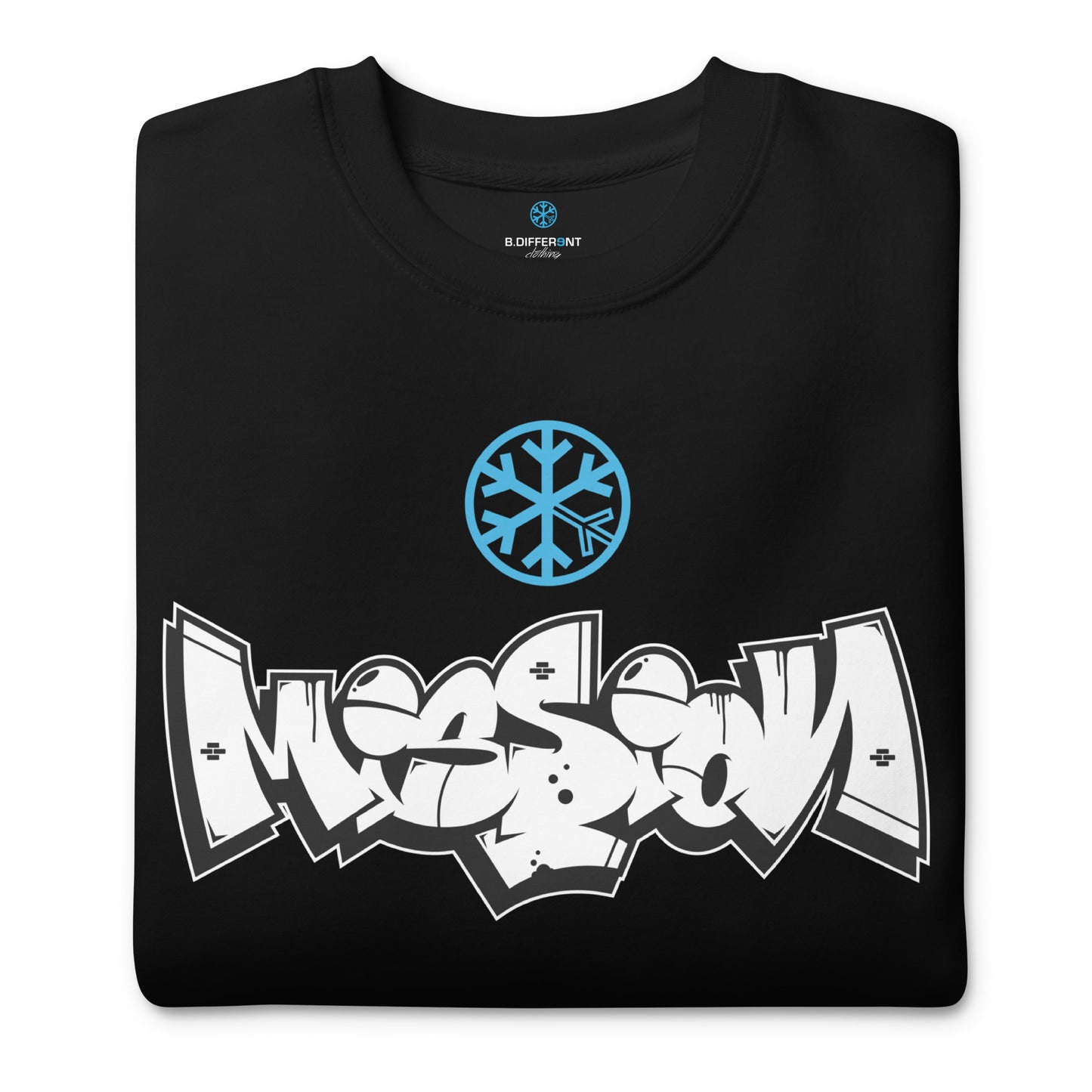 Black-Mission Graffiti Piece Sweatshirt from B.Different Clothing, folded, graffiti-inspired streetwear