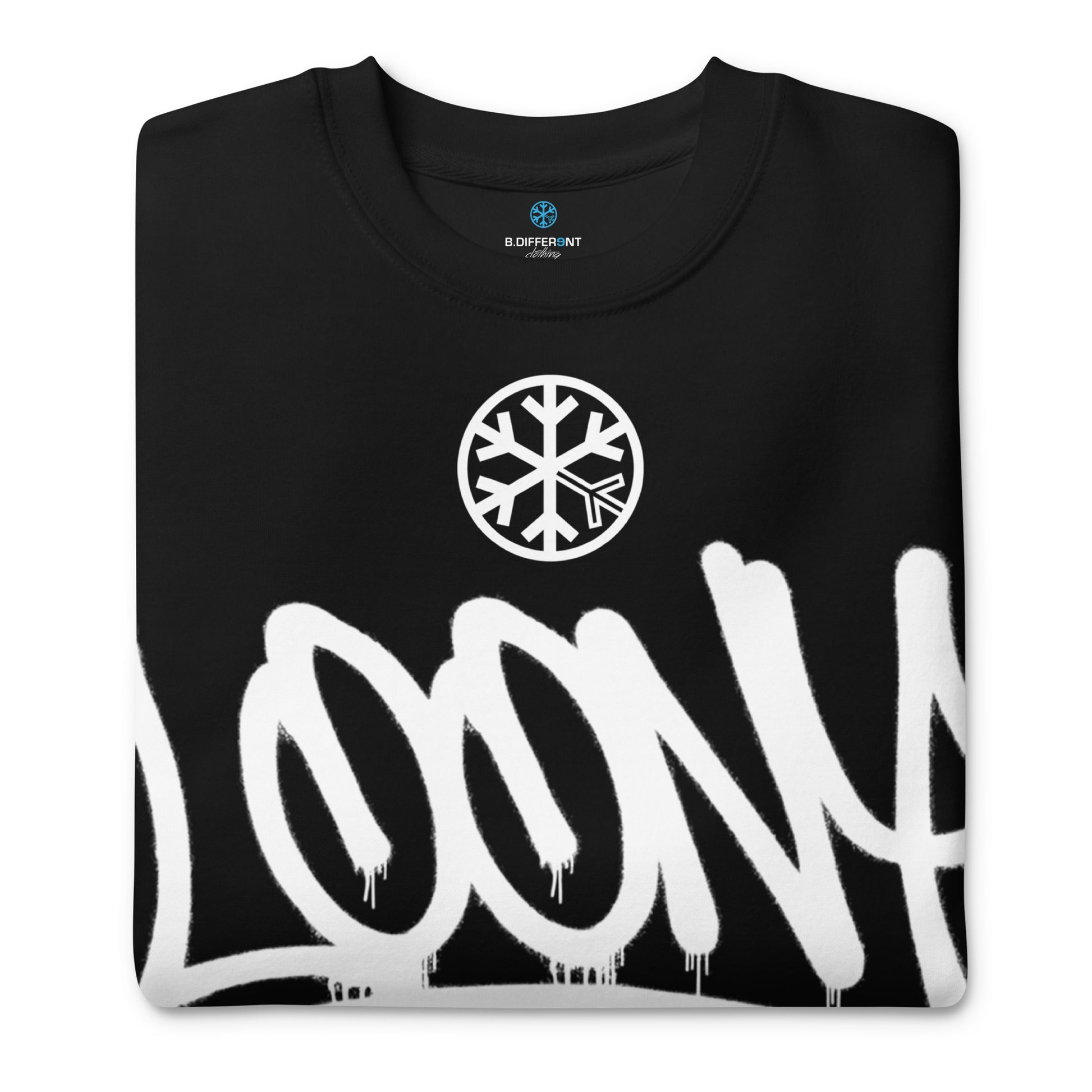 Black-Loony Graffiti Tag Sweatshirt from B.Different Clothing, folded, graffiti-inspired streetwear