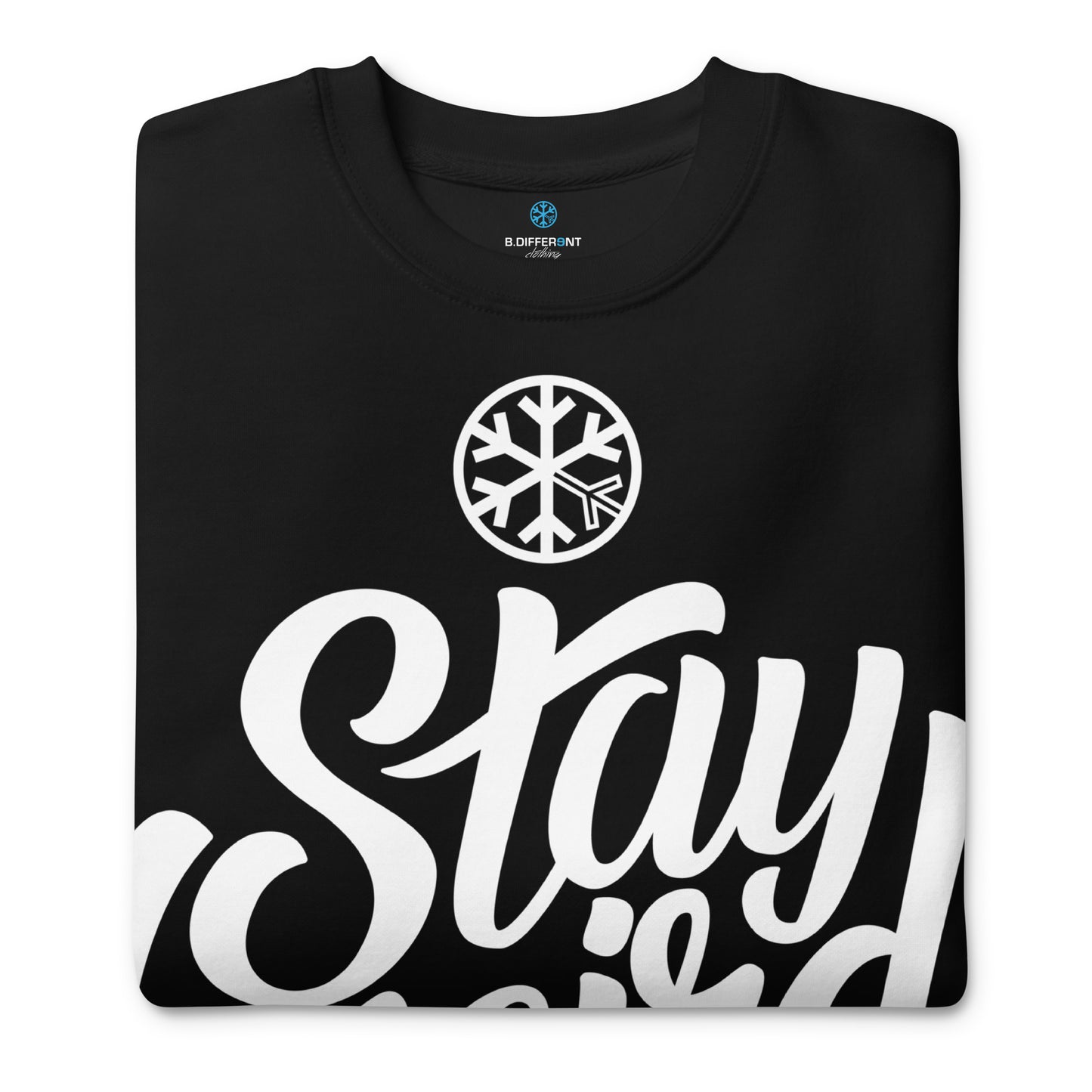 Black-Stay Weird Sweatshirt from B.Different Clothing, folded, graffiti-inspired streetwear