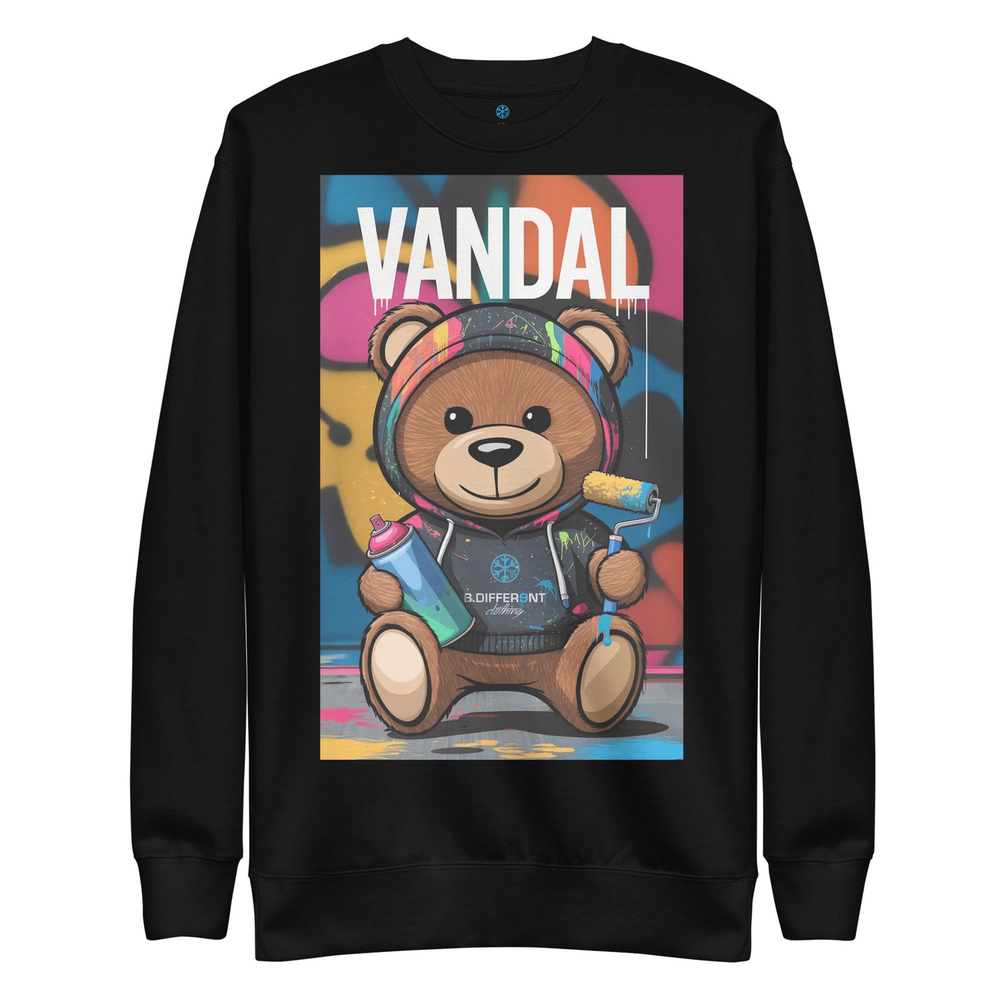 Black-Vandal Teddy Bear Graffiti Sweatshirt from B.Different Clothing, front view, graffiti-inspired streetwear
