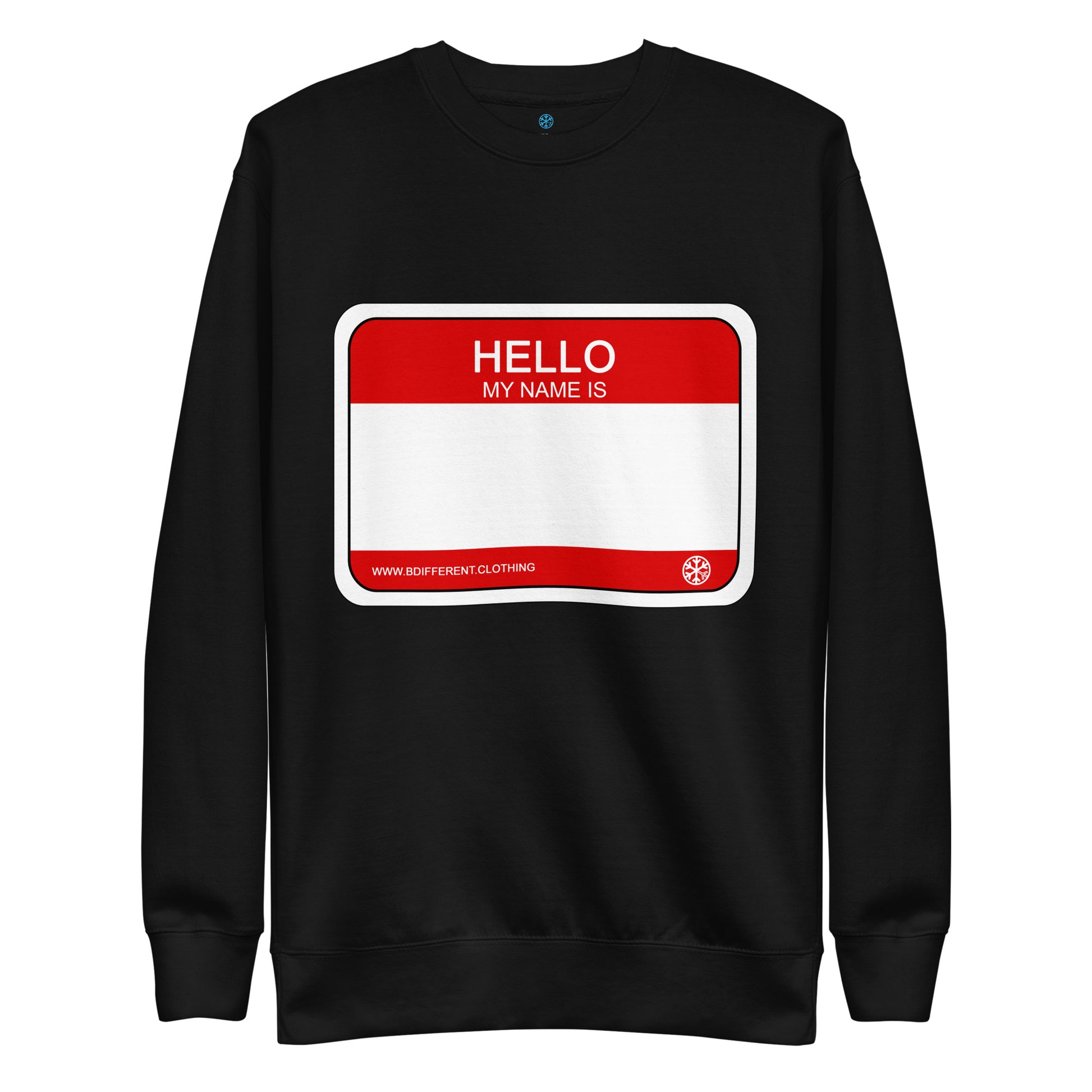 Black-Hello My Name Is Sticker Graffiti Sweatshirt from B.Different Clothing, front view, graffiti-inspired streetwear