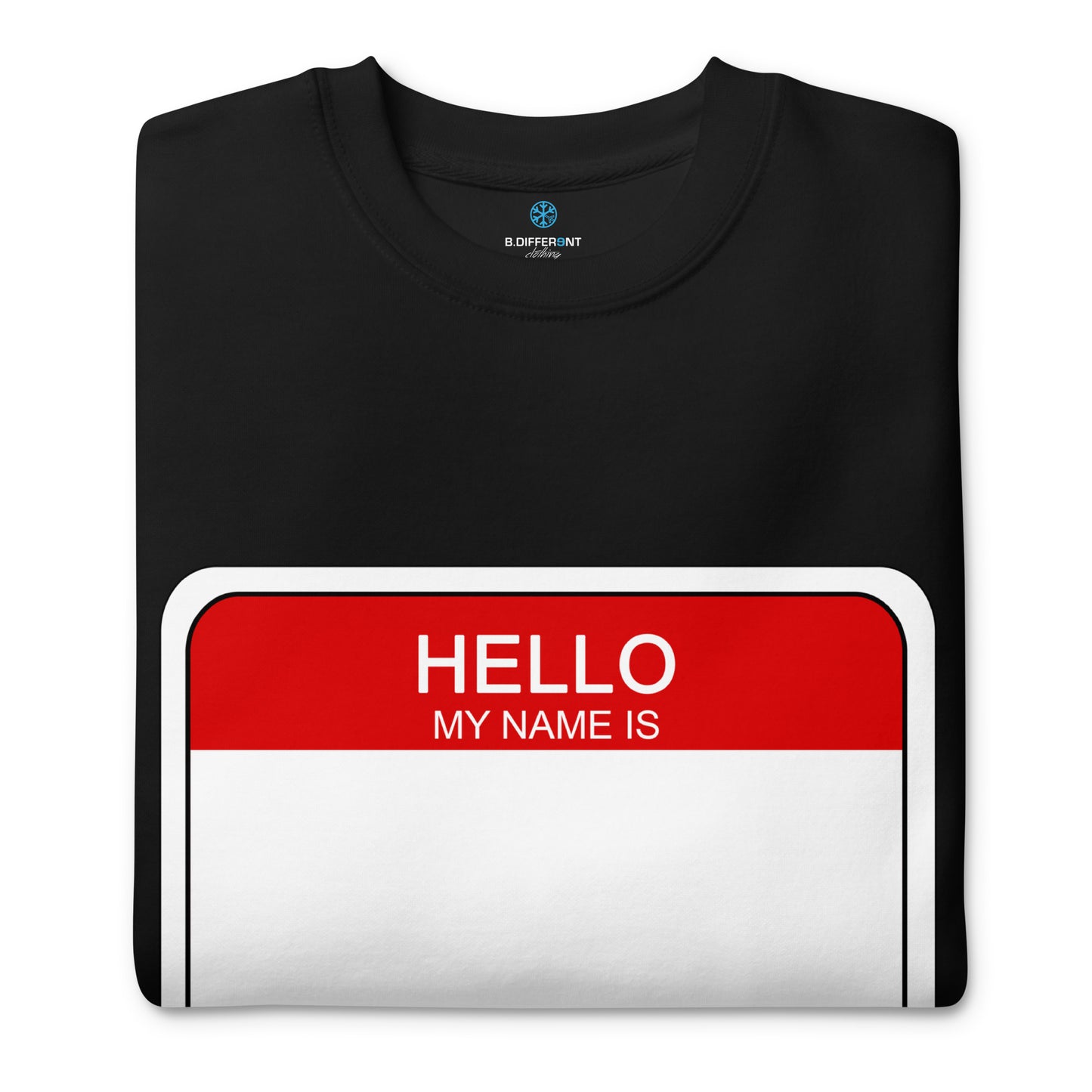 Black-Hello My Name Is Sticker Graffiti Sweatshirt from B.Different Clothing, folded, graffiti-inspired streetwear