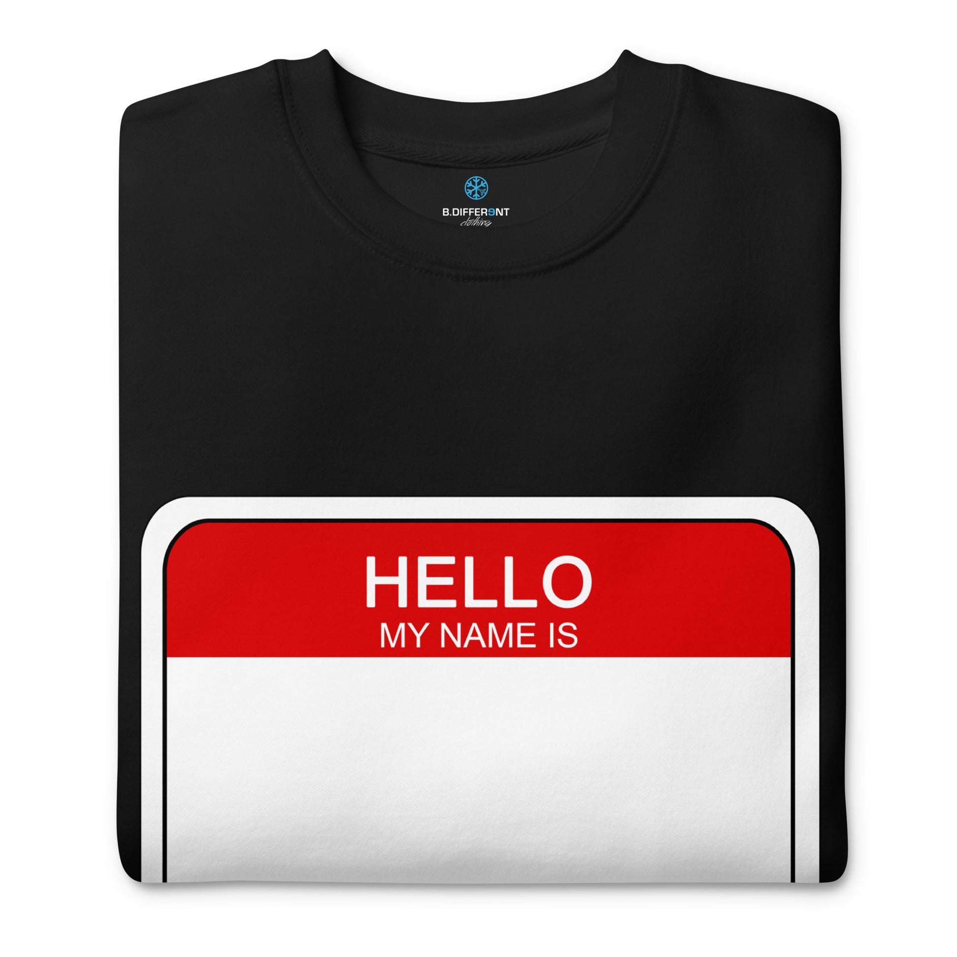 Black-Hello My Name Is Sticker Graffiti Sweatshirt from B.Different Clothing, folded, graffiti-inspired streetwear
